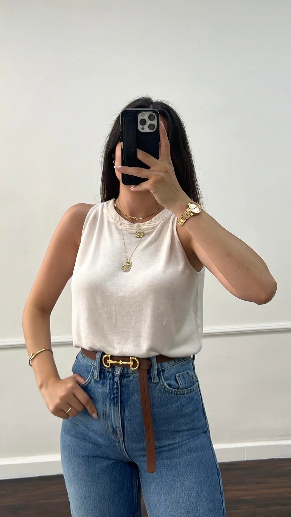 Ekru Örme %100 Viskon Halter Yaka Triko Bluz