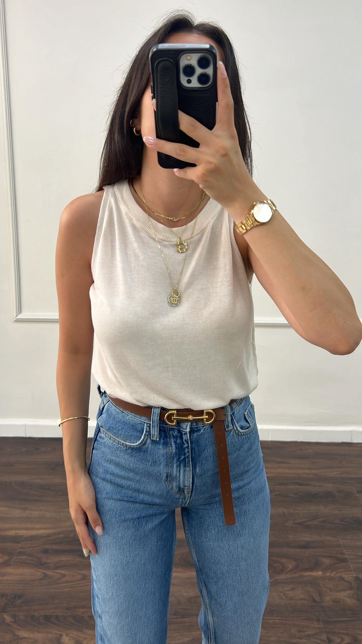 Ekru Örme %100 Viskon Halter Yaka Triko Bluz