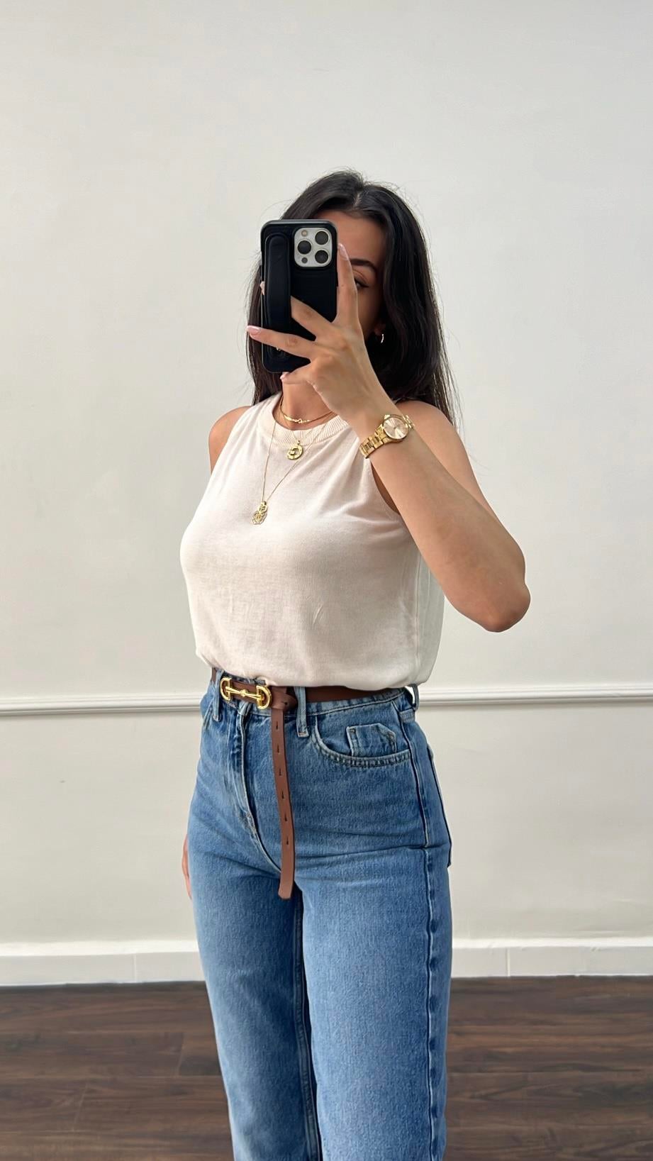 Ekru Örme %100 Viskon Halter Yaka Triko Bluz