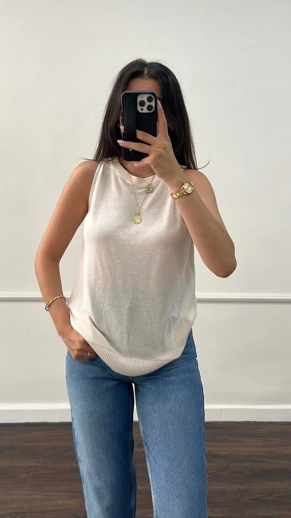 Ekru Örme %100 Viskon Halter Yaka Triko Bluz