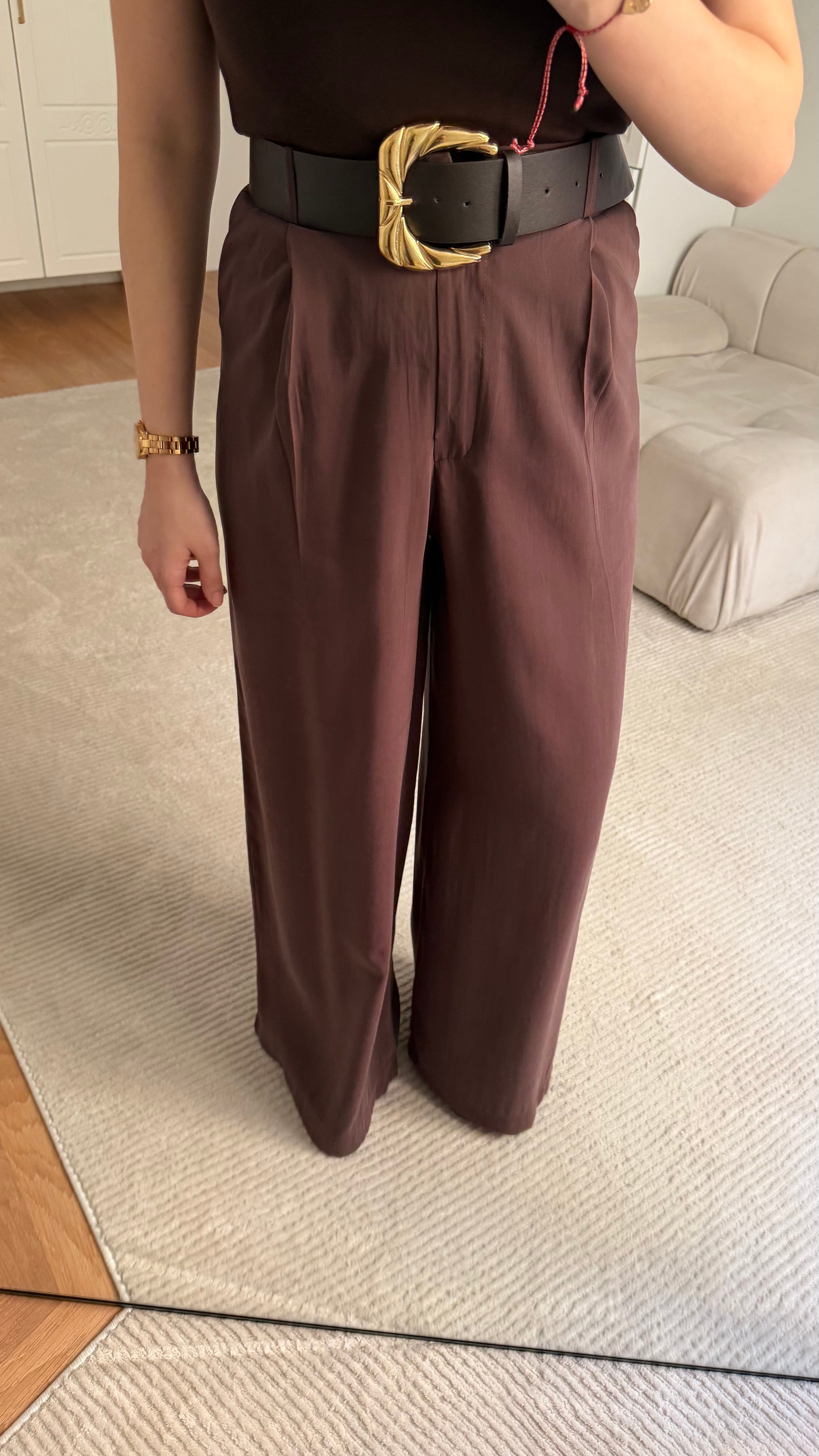 Elegant Acı Kahve Bol Paça Kemerli Pantolon