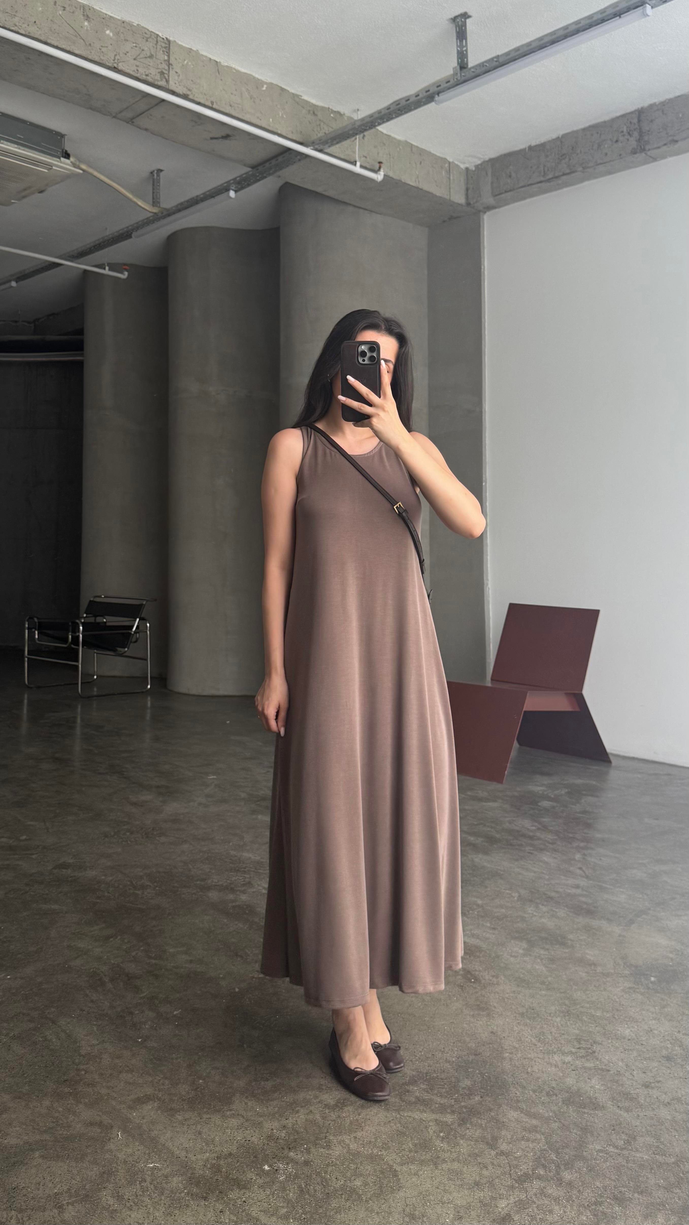 FOW Kahve Modal Basic Midi Boy Elbise