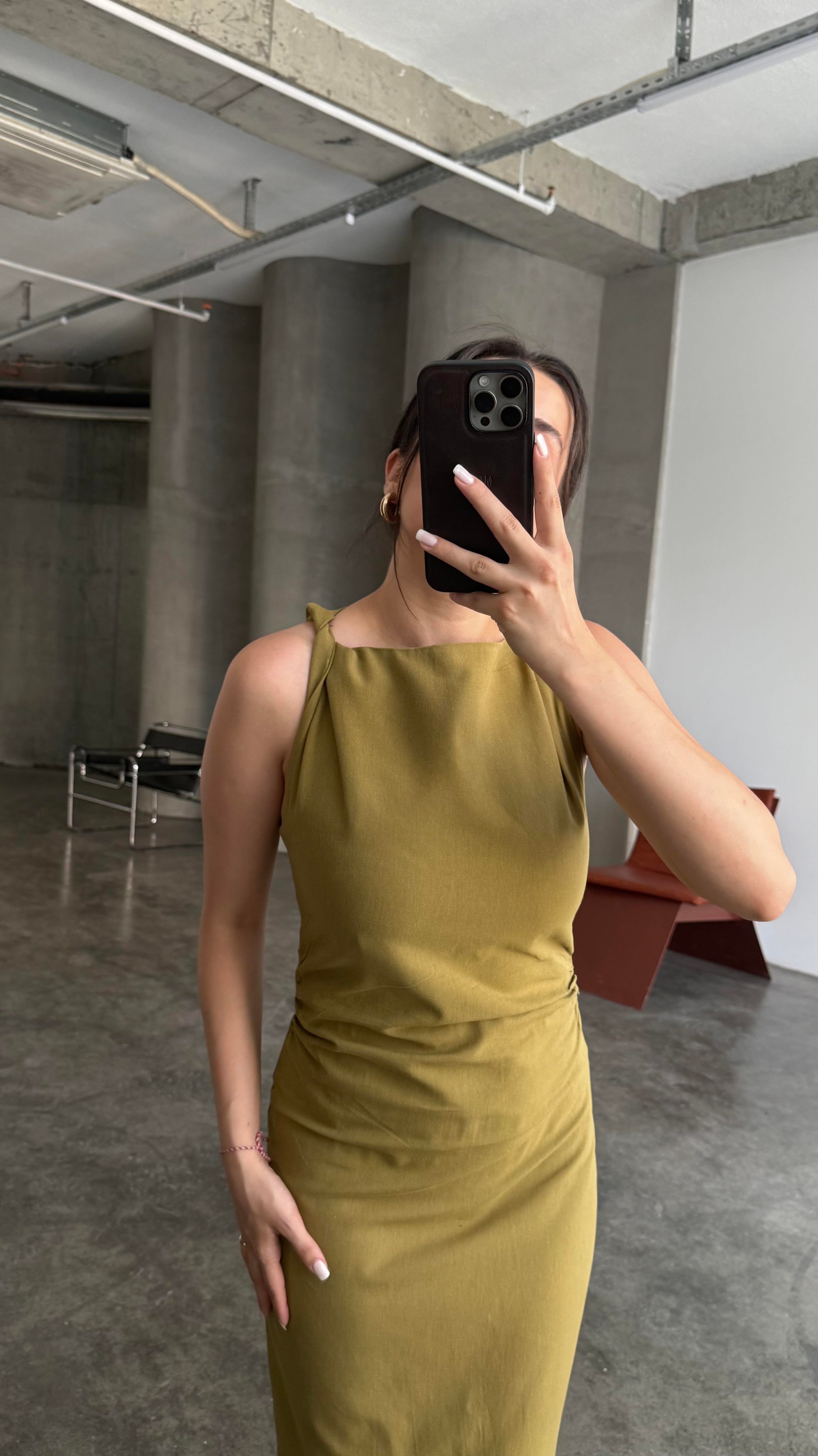 Fow Olive Omuz Detaylı Ham Keten Midi Elbise