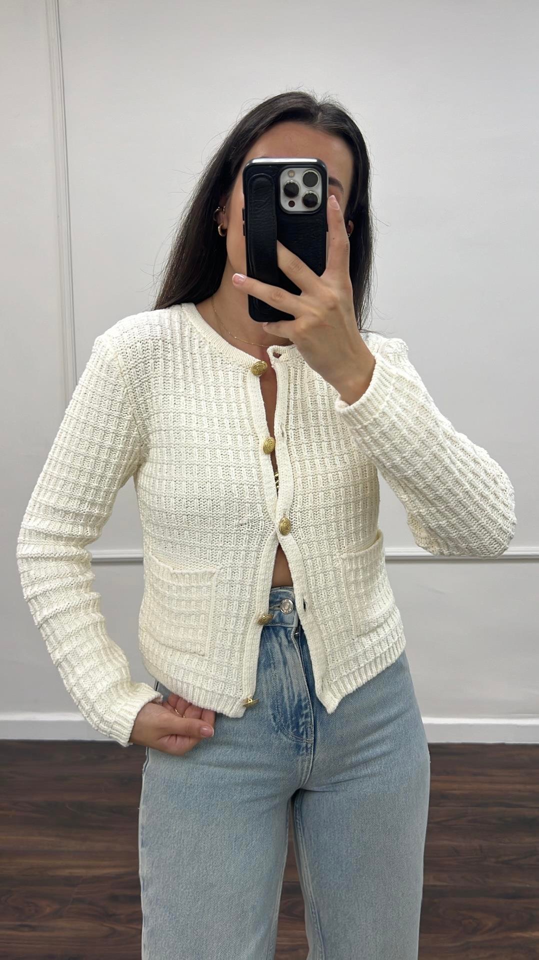 Go Ekru Dore Düğmeli Triko Ceket/Hırka