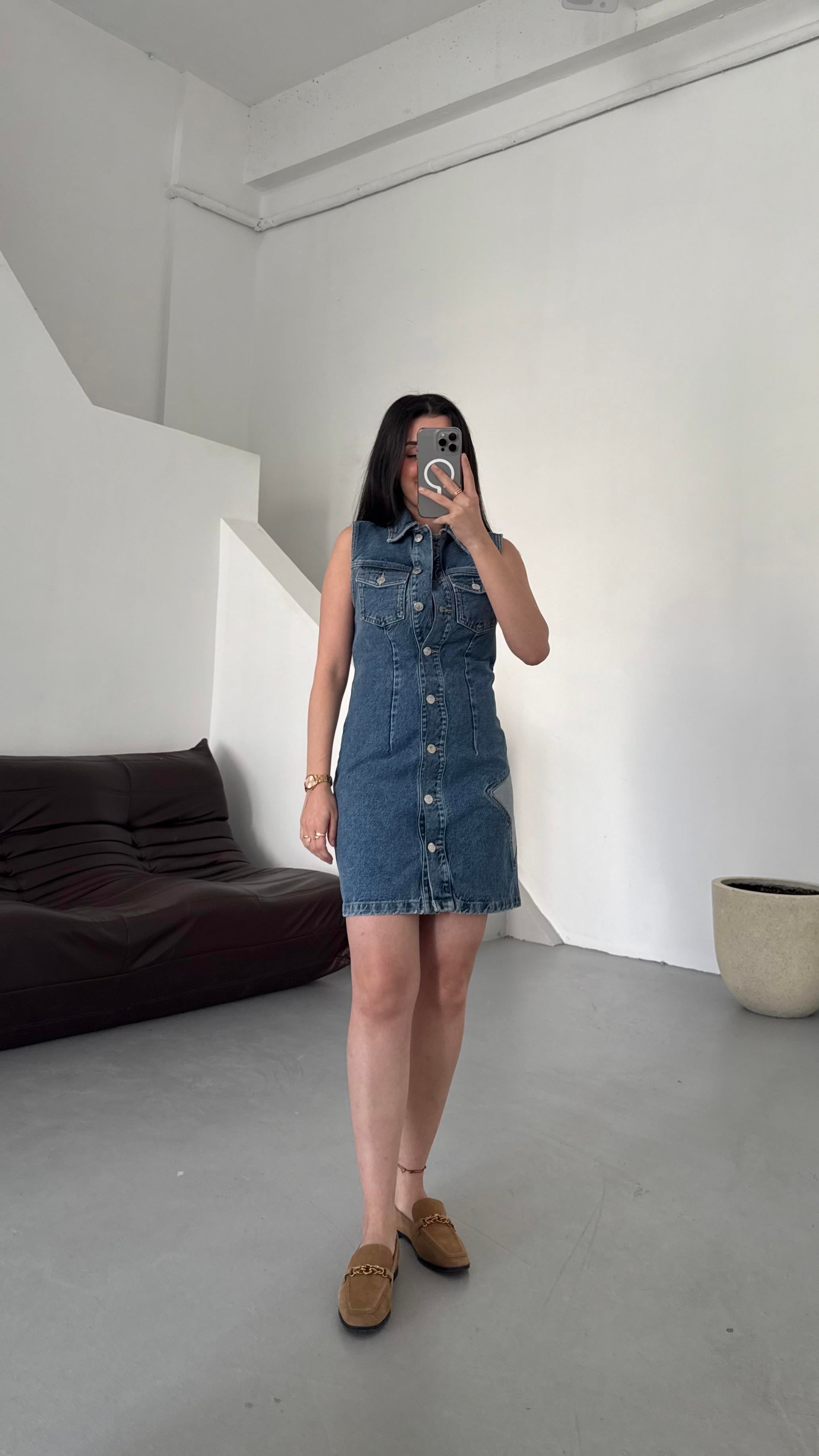 Go Mavi Yıldız İşleme Detaylı Denim Elbise