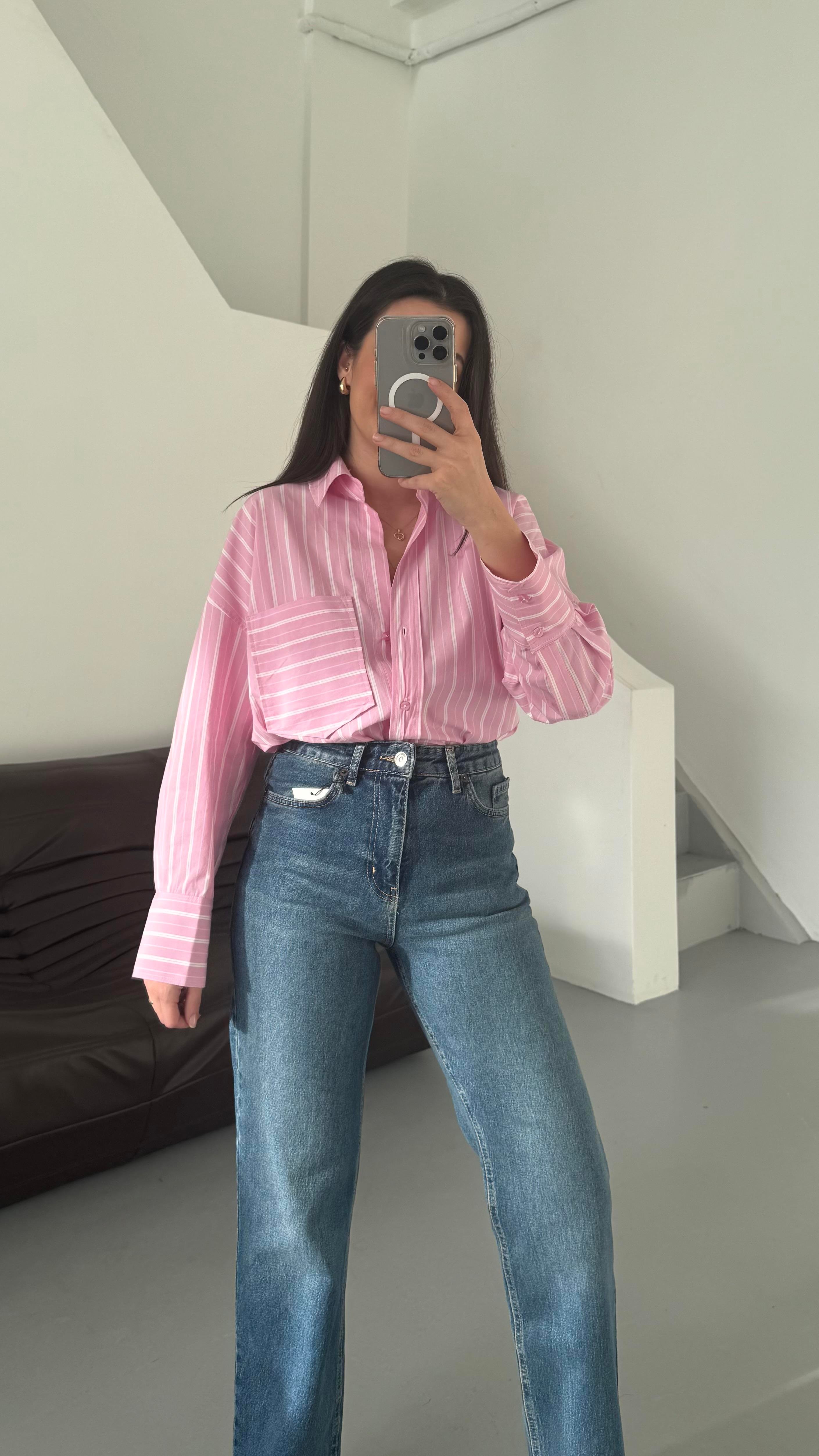 Go Pembe Beyaz Çizgili Oversize Gömlek