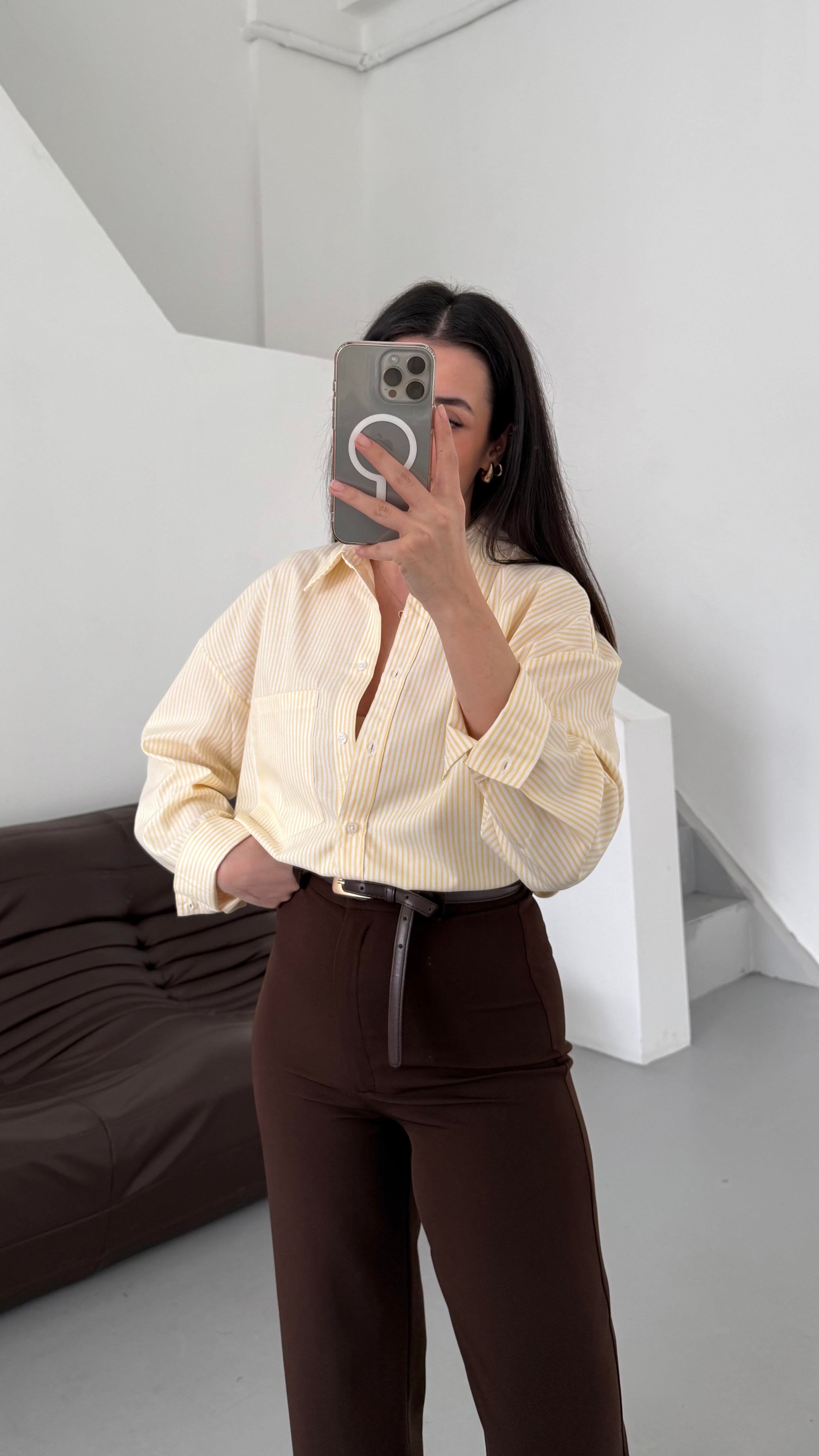 Go Sarı Beyaz Çizgili Oversize Gömlek