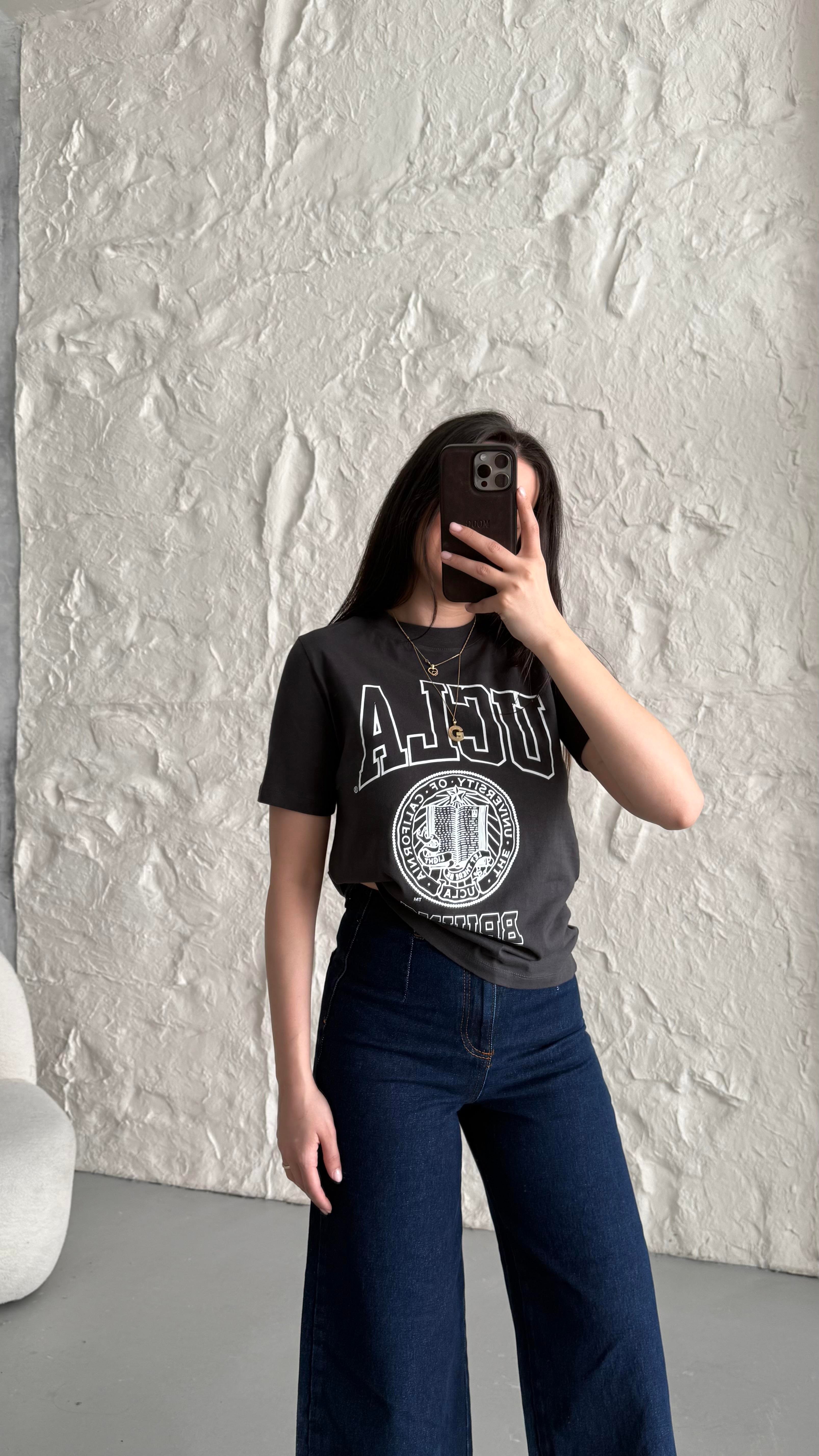 Hn Antrasit Baskı Detaylı Basıc Tişört