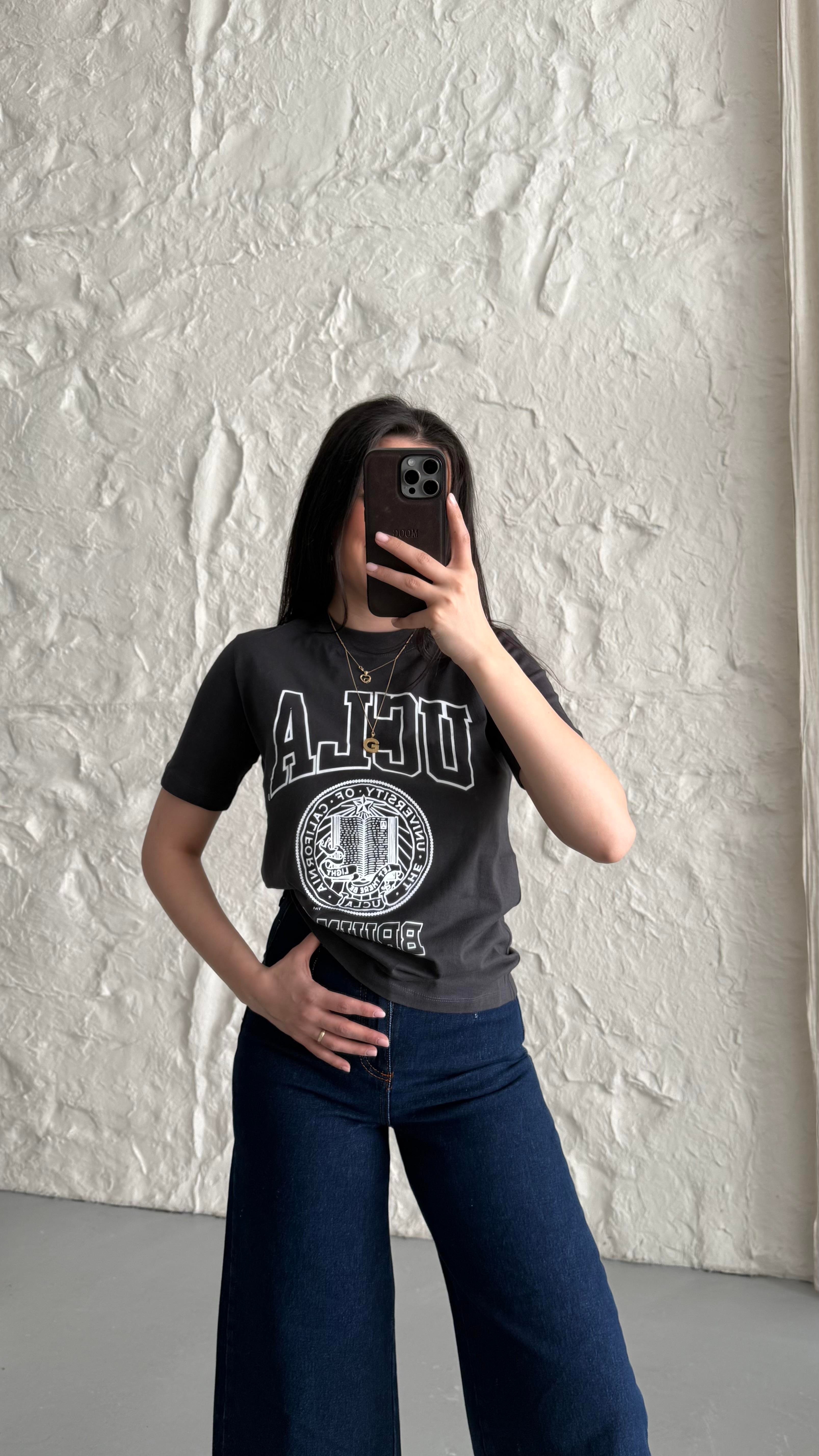 Hn Antrasit Baskı Detaylı Basıc Tişört