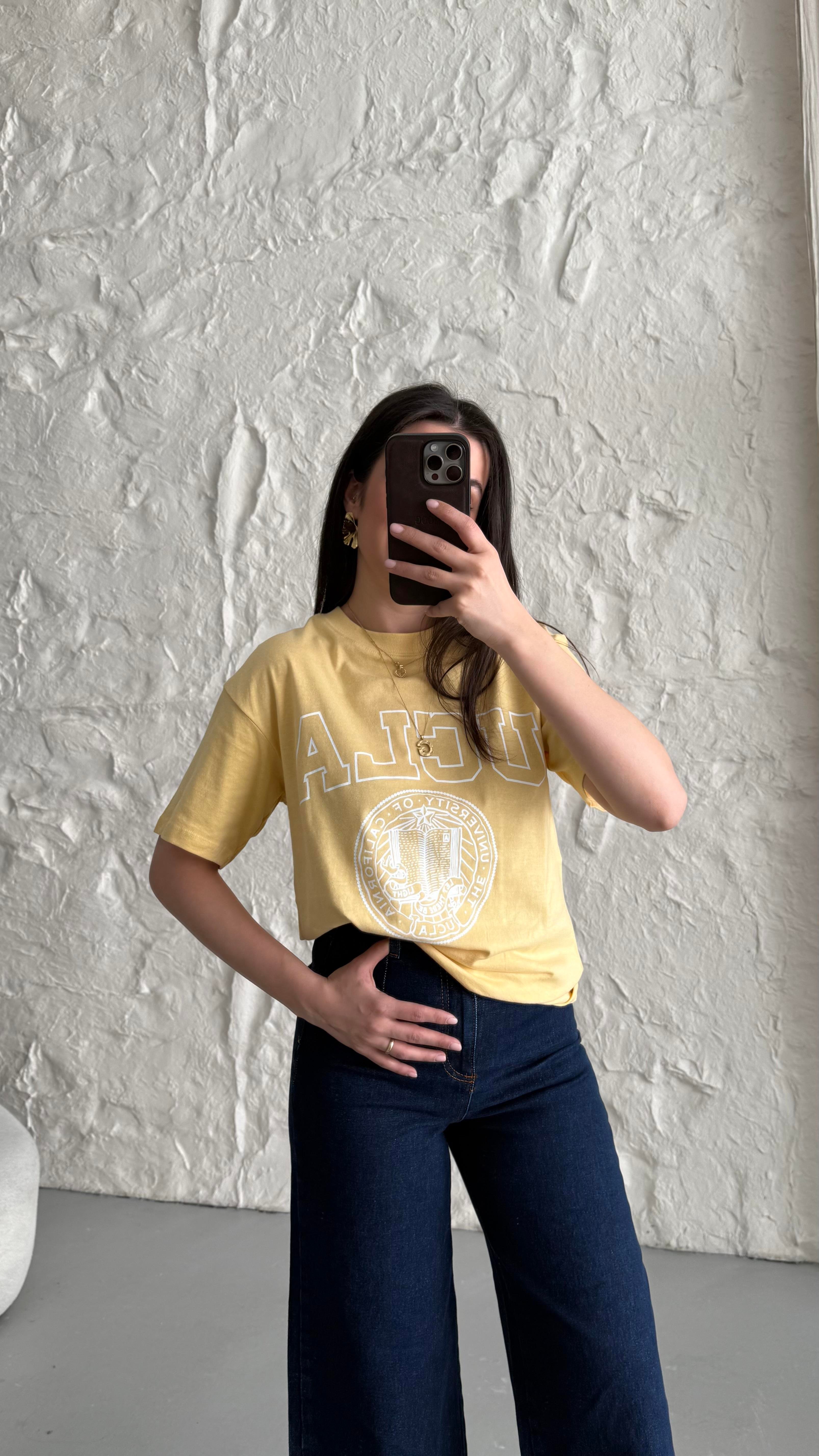 Hn Sarı Baskı Detaylı Basıc Tişört