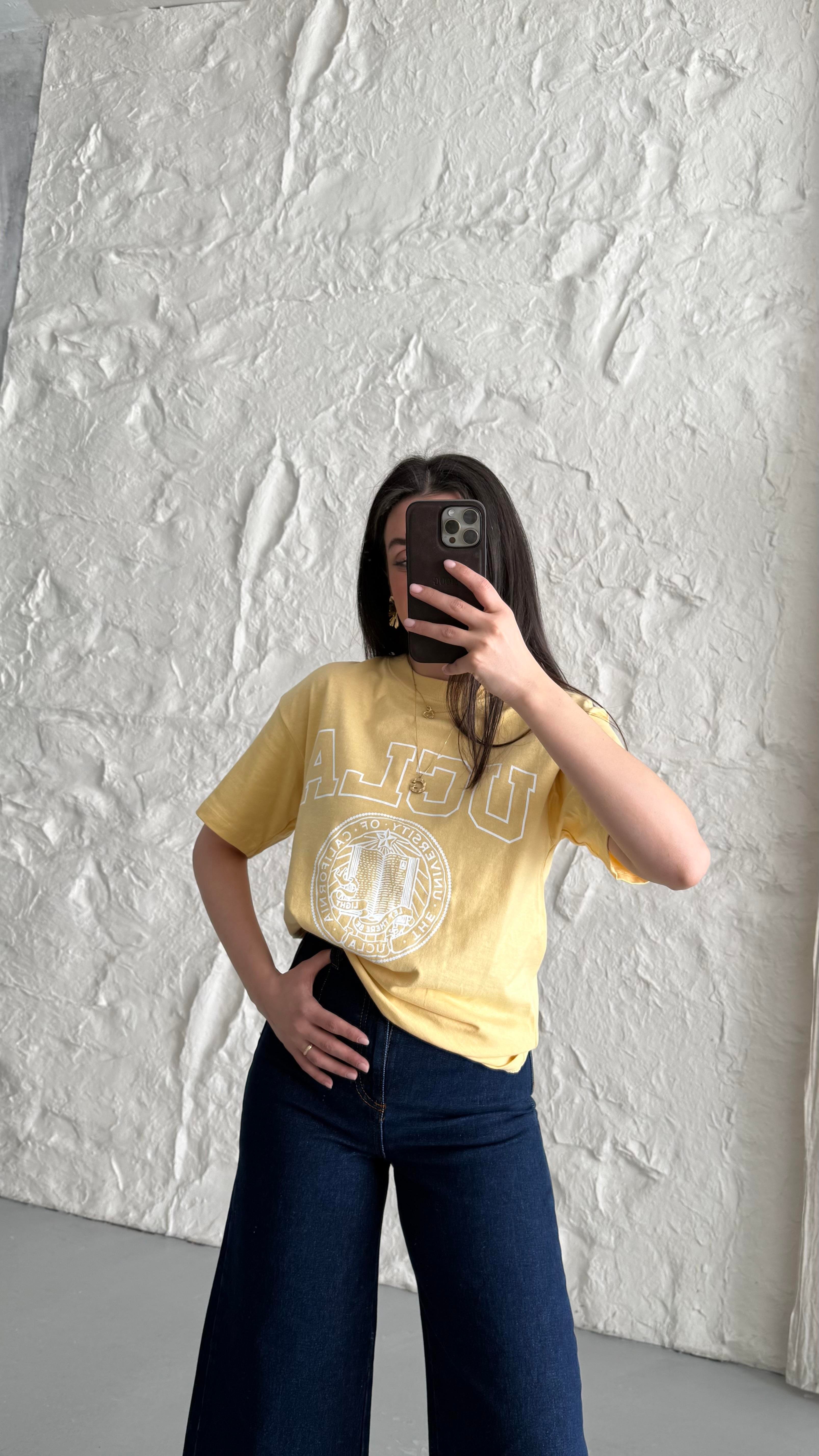 Hn Sarı Baskı Detaylı Basıc Tişört