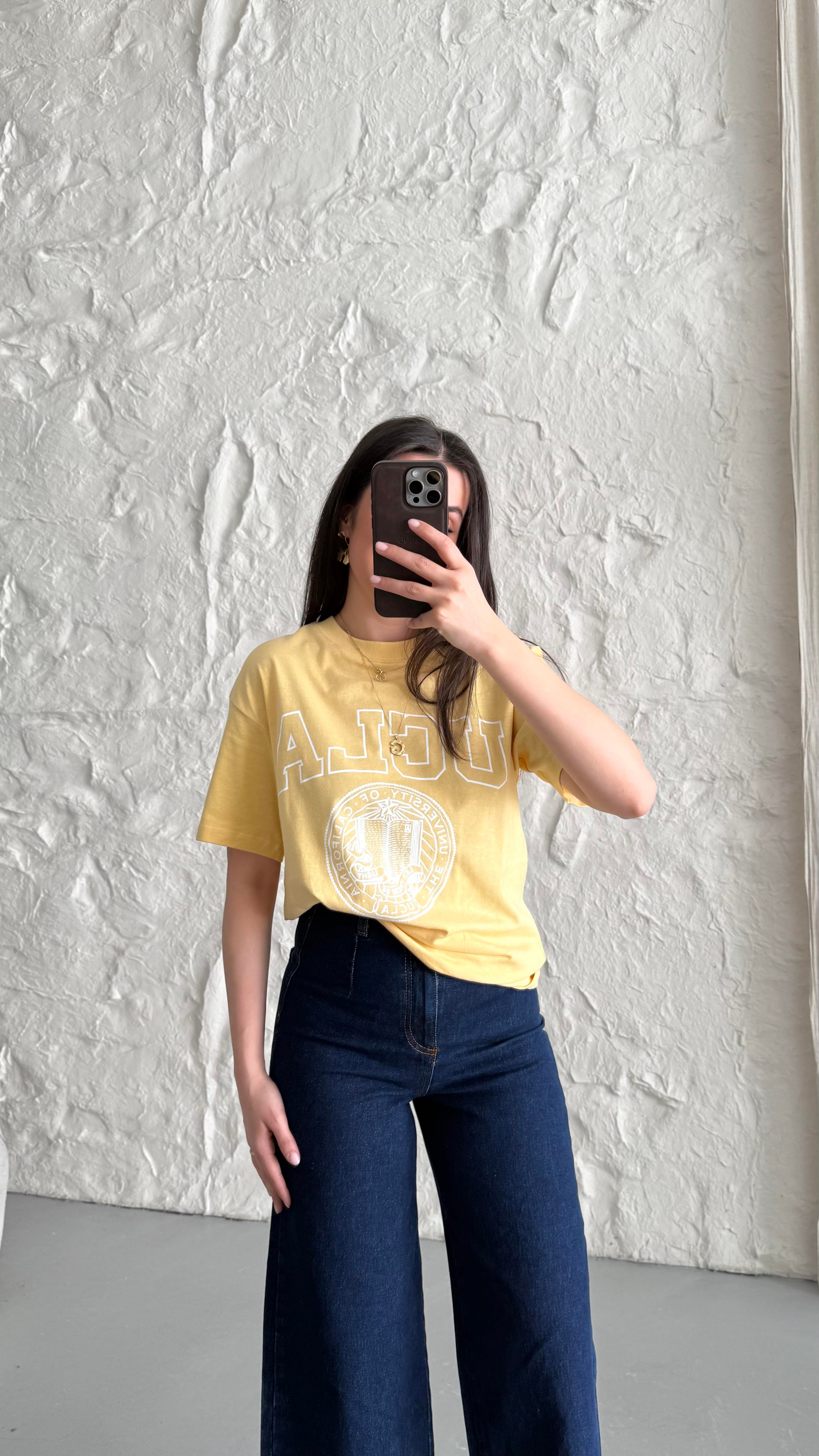 Hn Sarı Baskı Detaylı Basıc Tişört