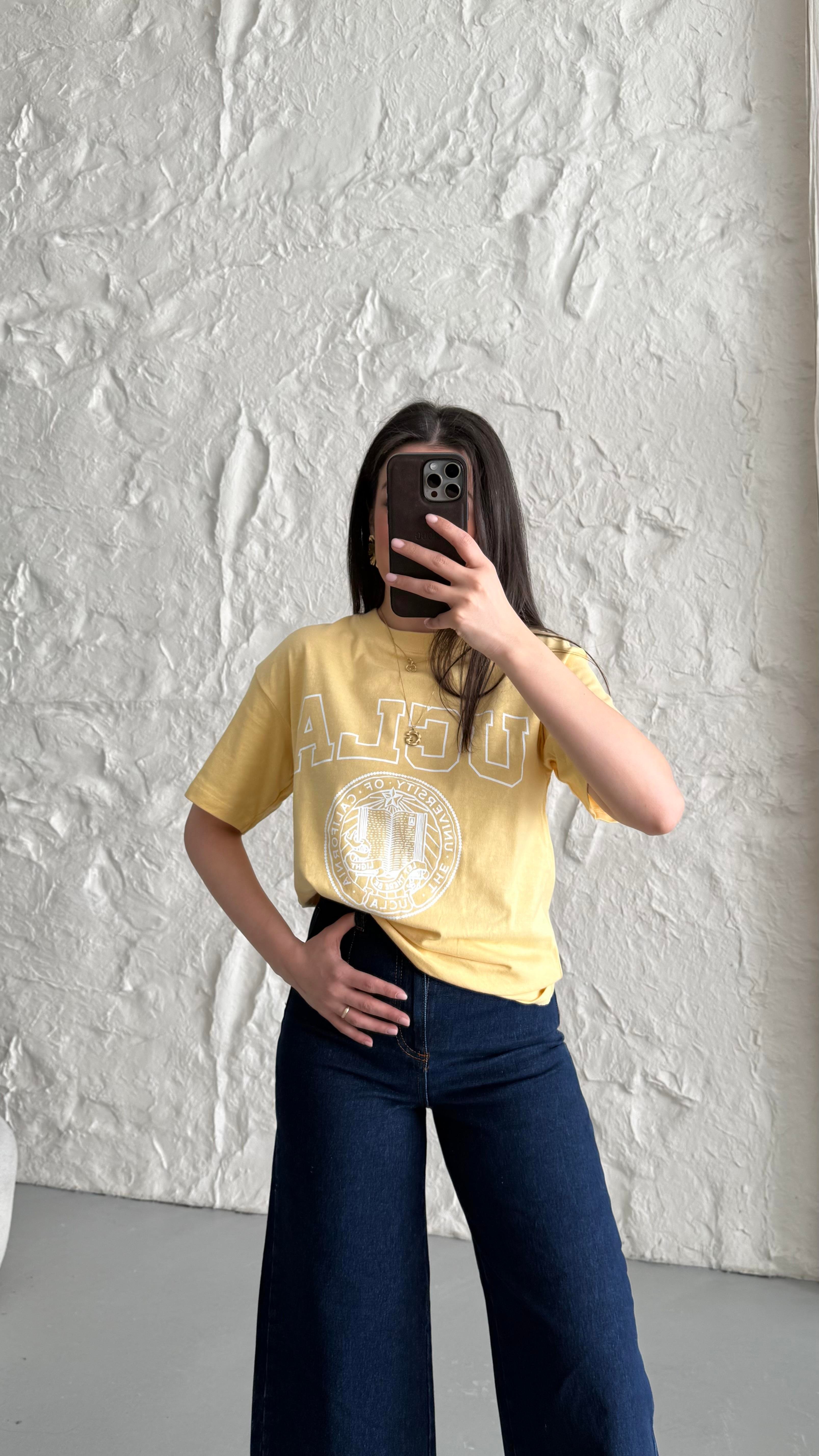 Hn Sarı Baskı Detaylı Basıc Tişört