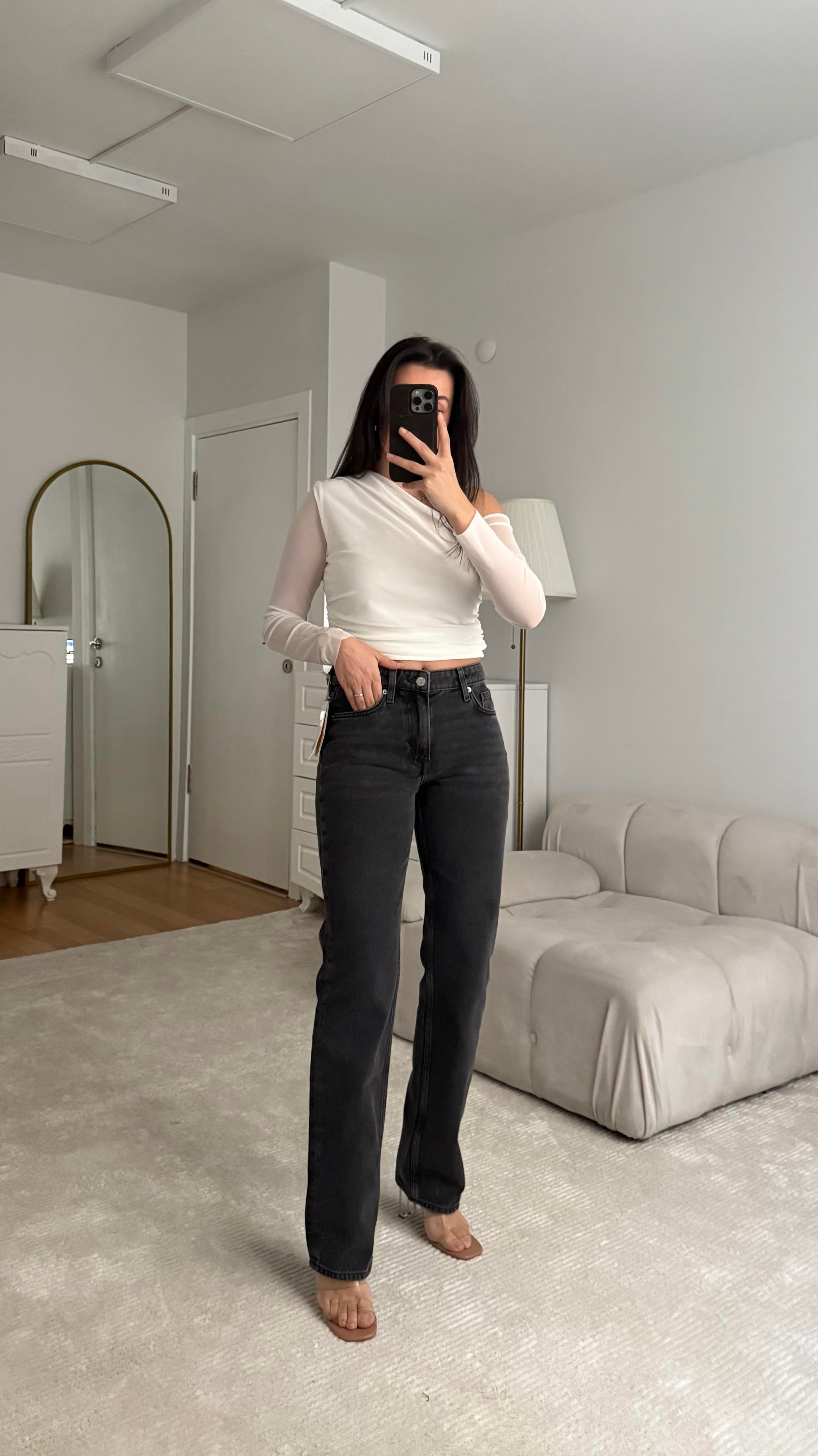 H's Orta Bel Siyah Düz Kesim Jean