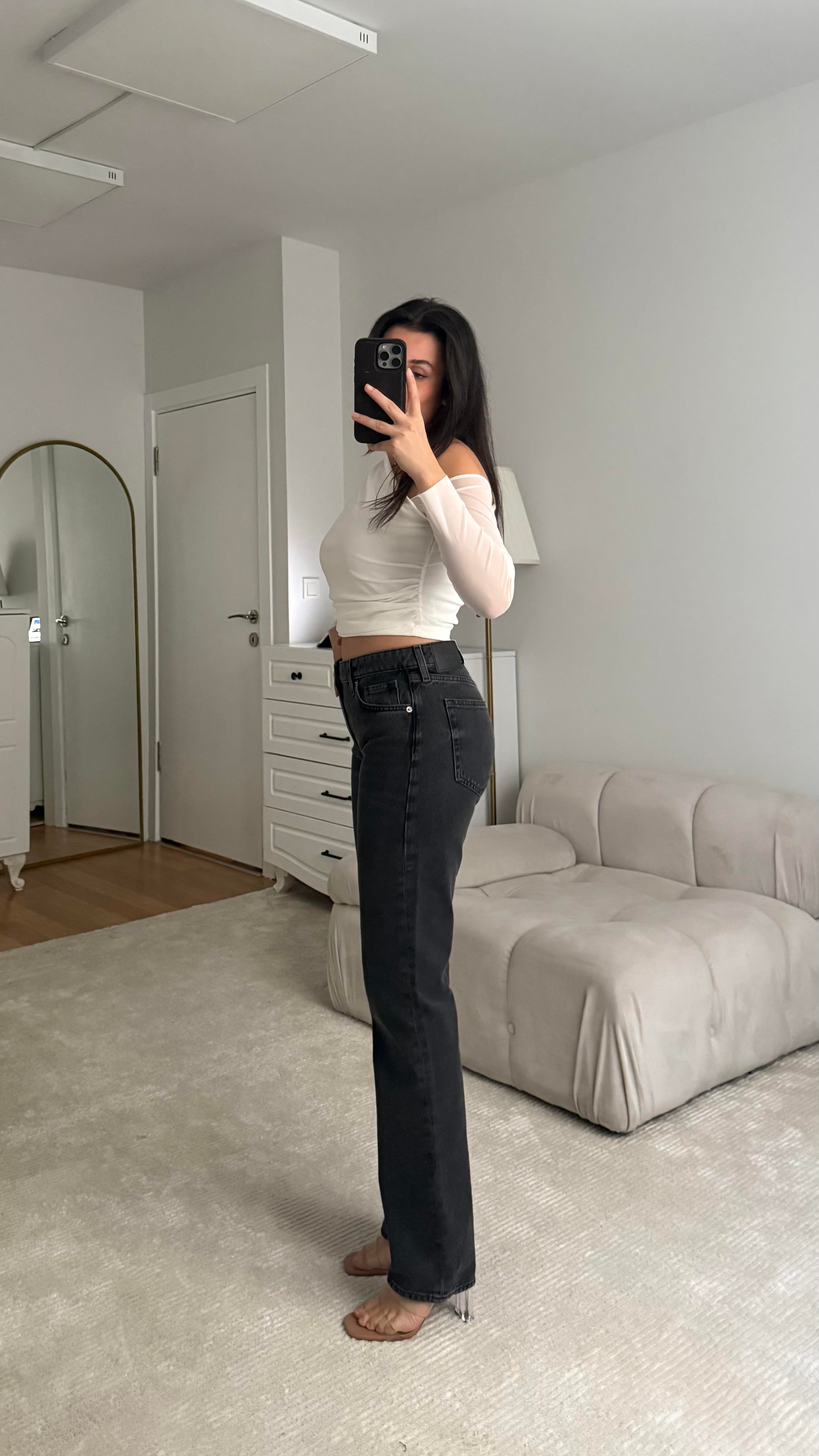 H's Orta Bel Siyah Düz Kesim Jean
