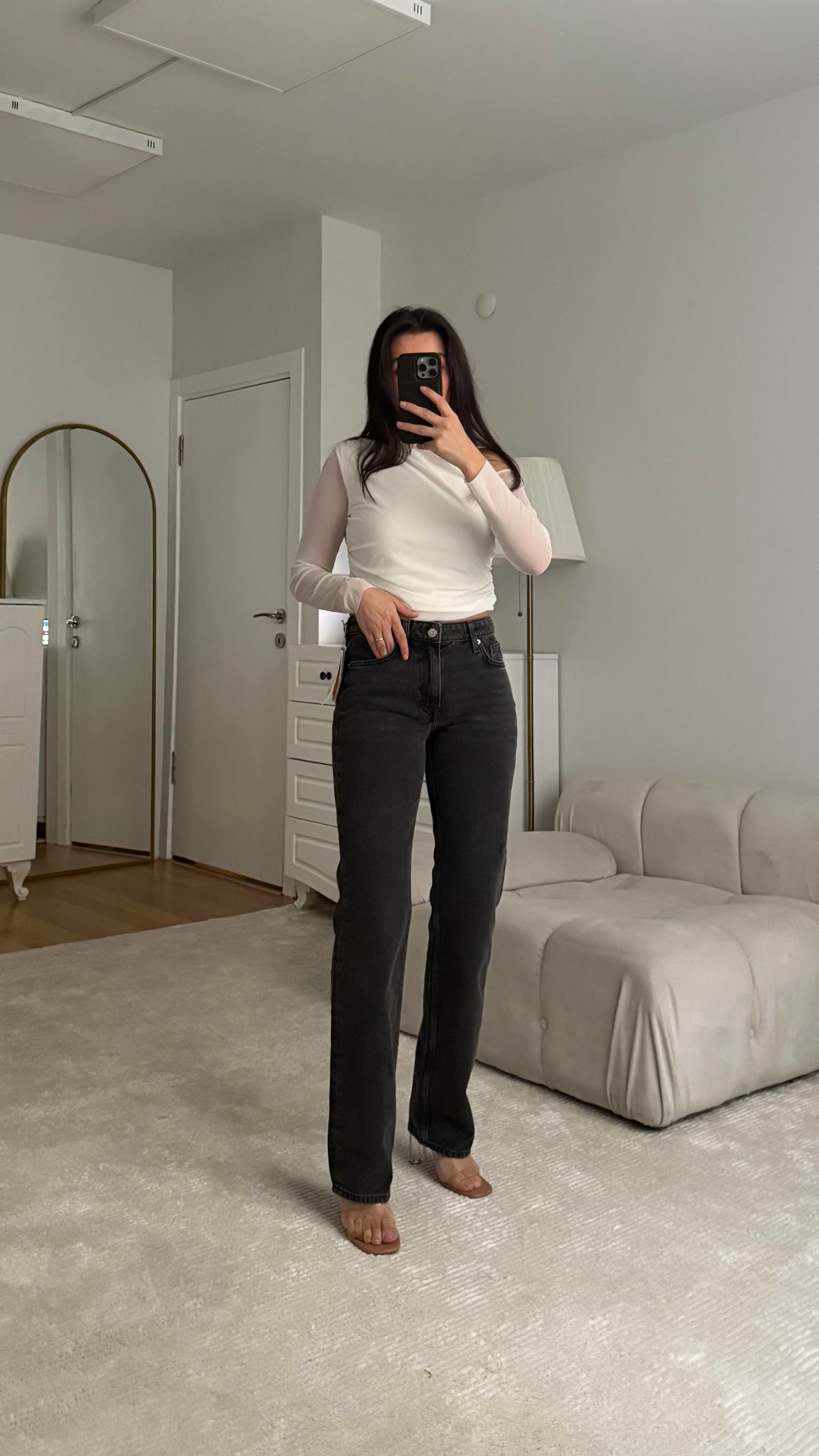 H's Orta Bel Siyah Düz Kesim Jean