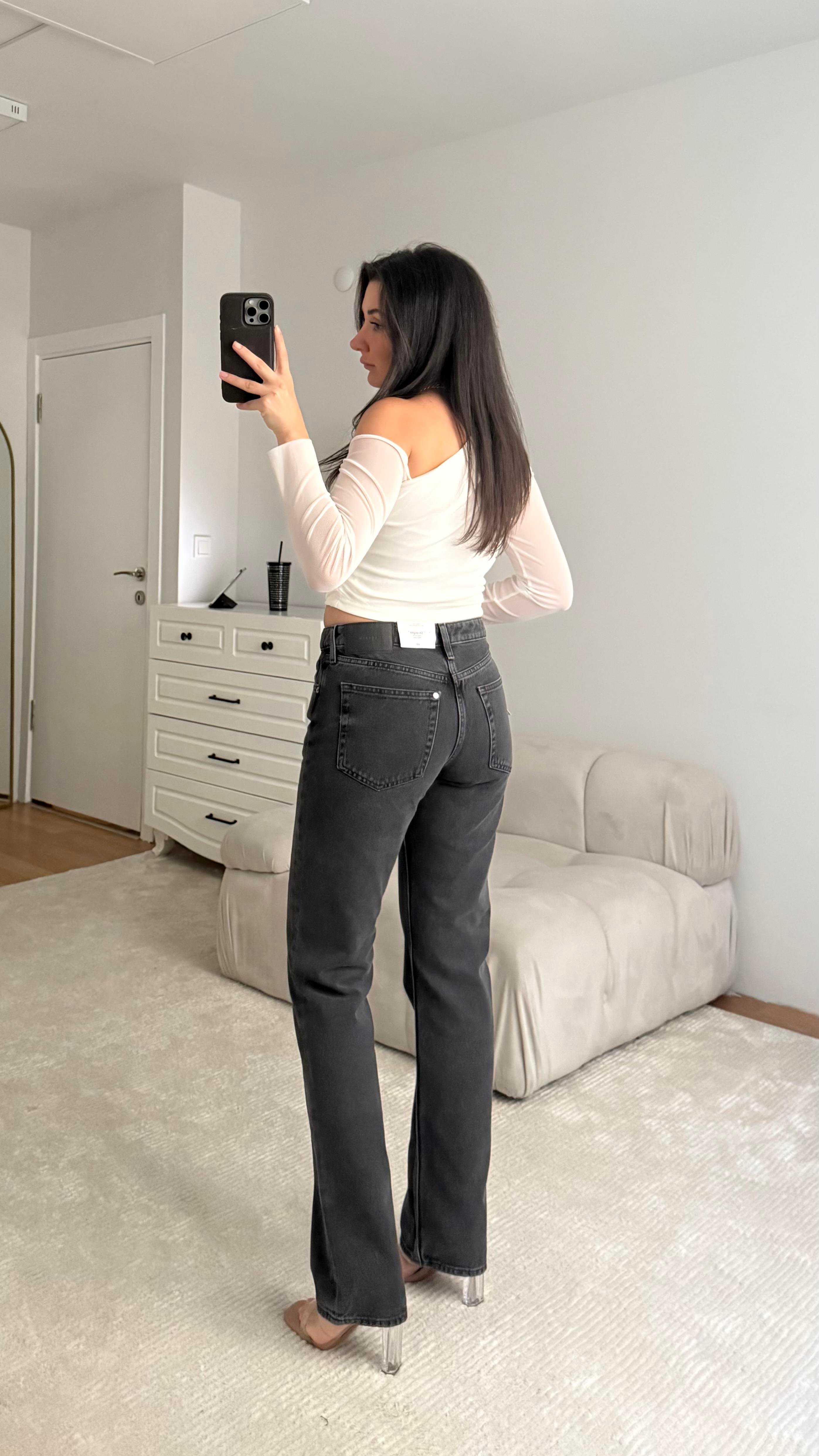 H's Orta Bel Siyah Düz Kesim Jean