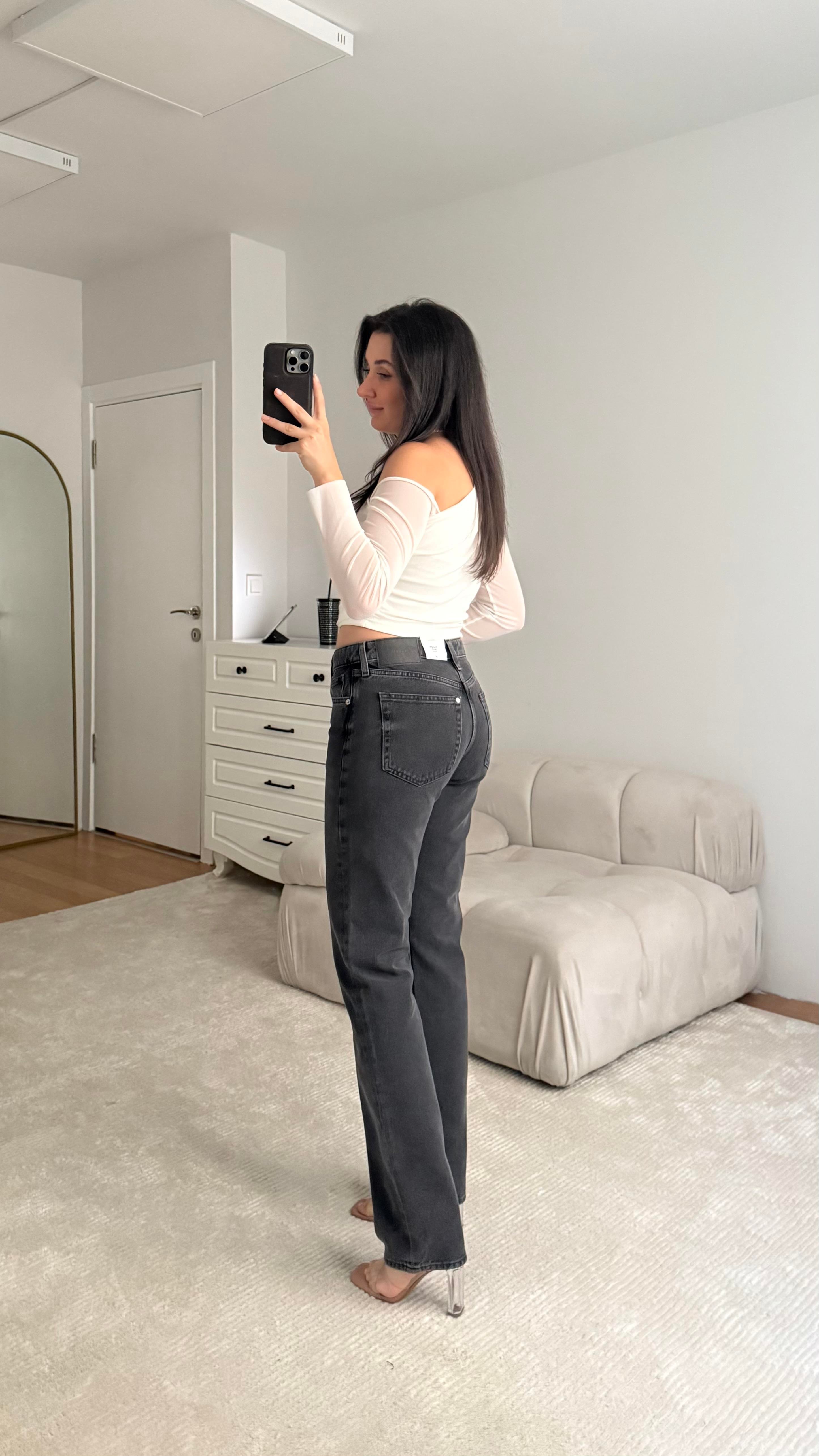 H's Orta Bel Siyah Düz Kesim Jean