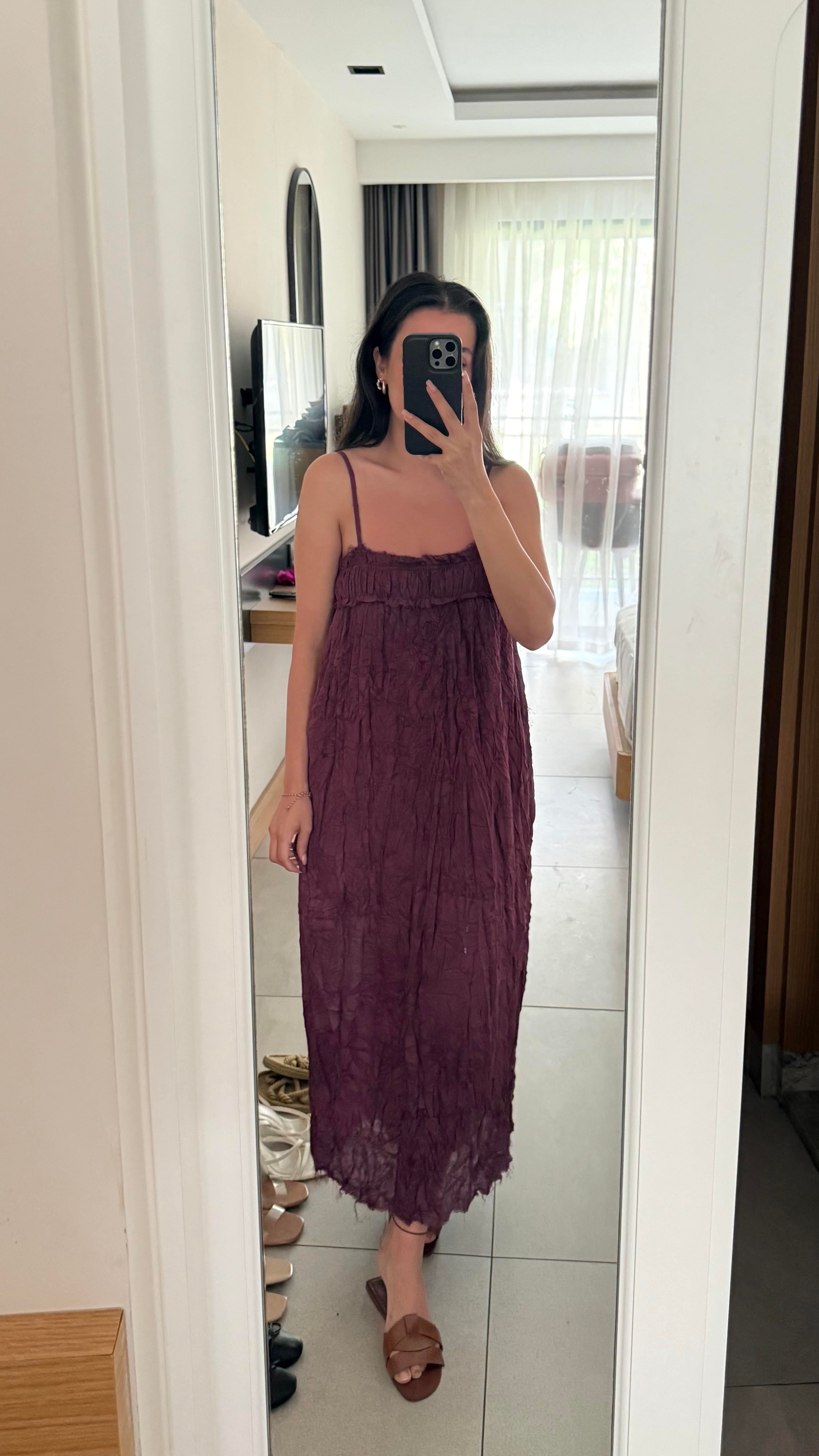 İp Askılı Astarlı Bordo Elbise