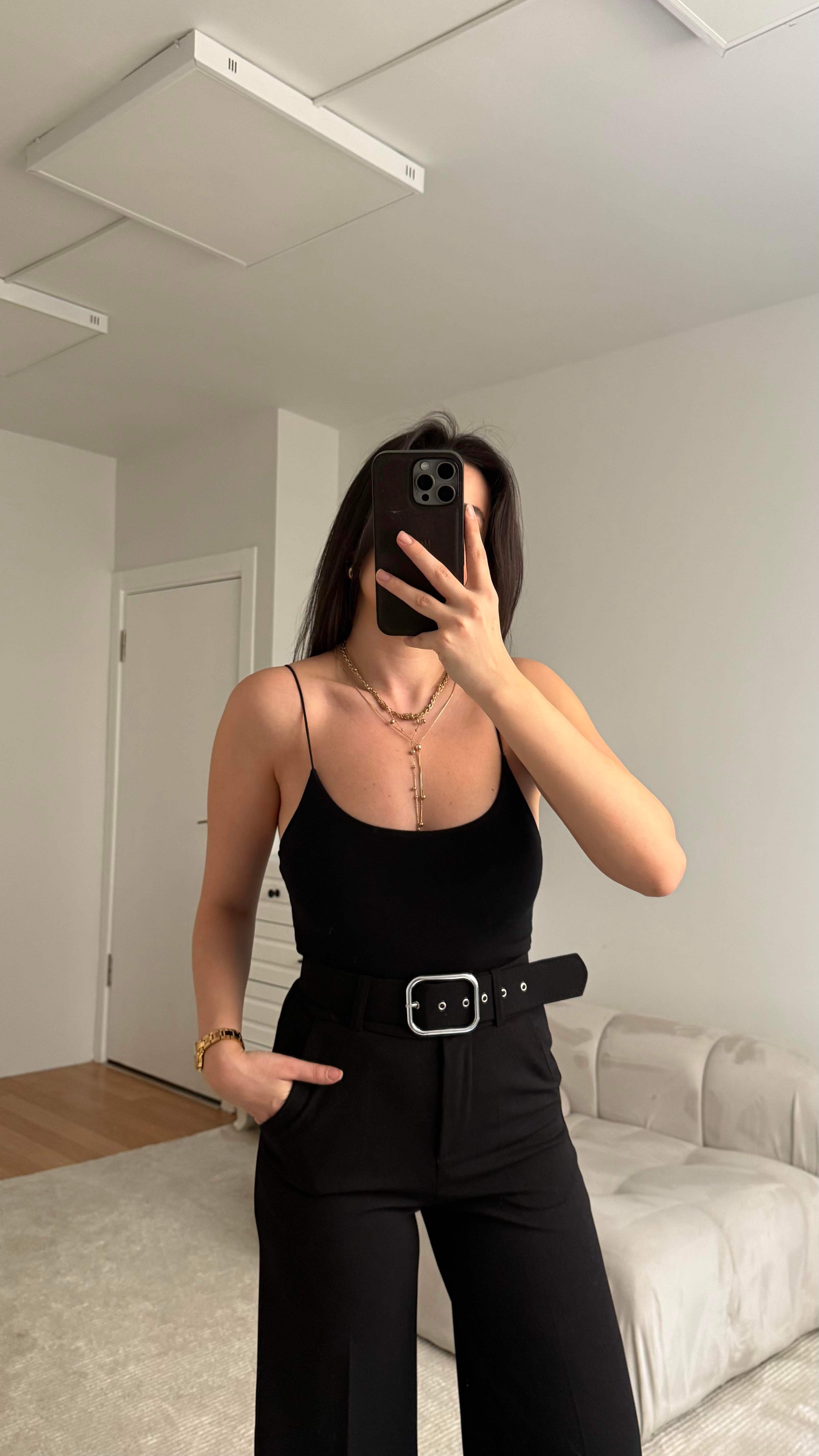 İp Askılı Siyah Bodysuit