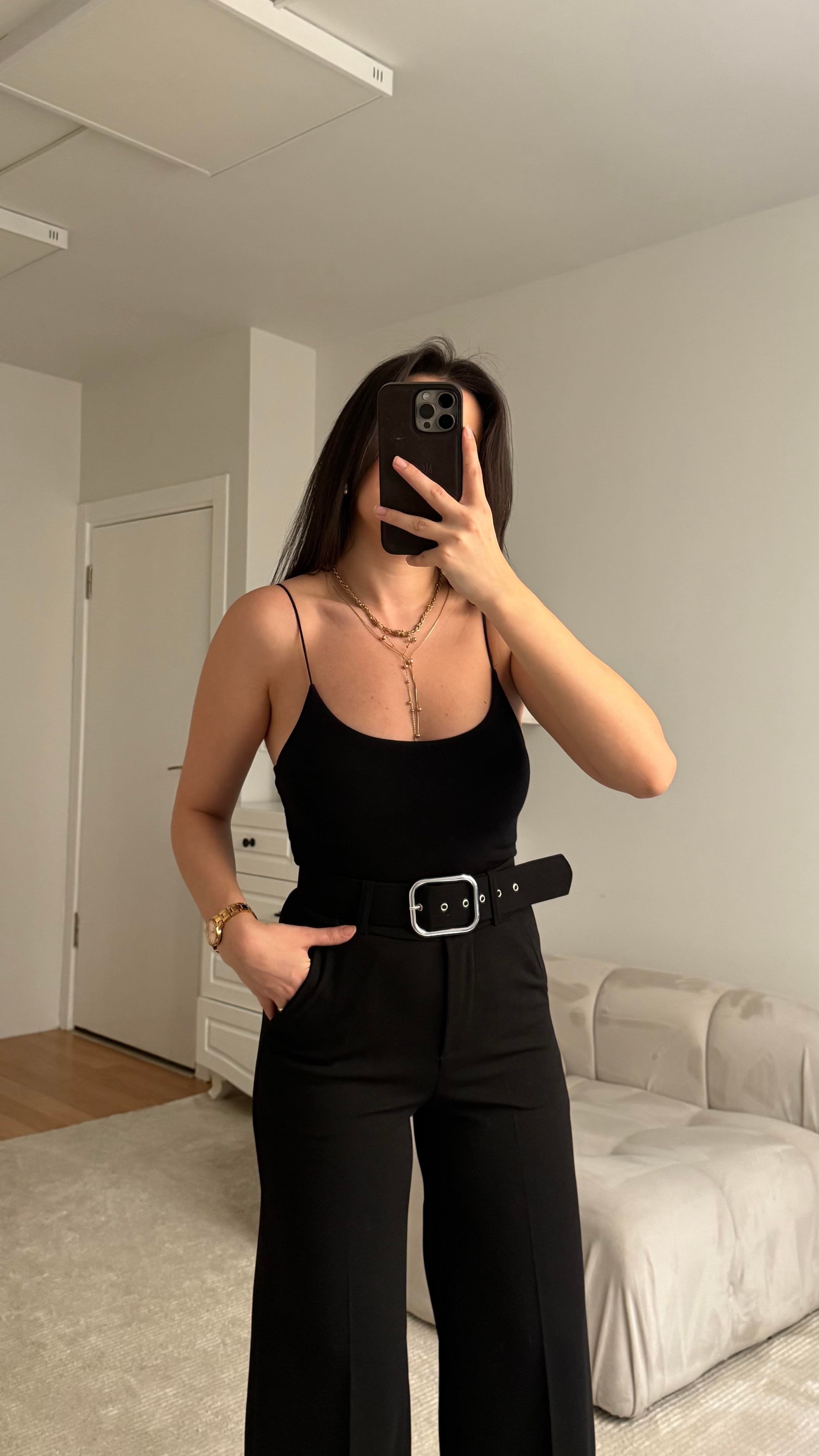 İp Askılı Siyah Bodysuit