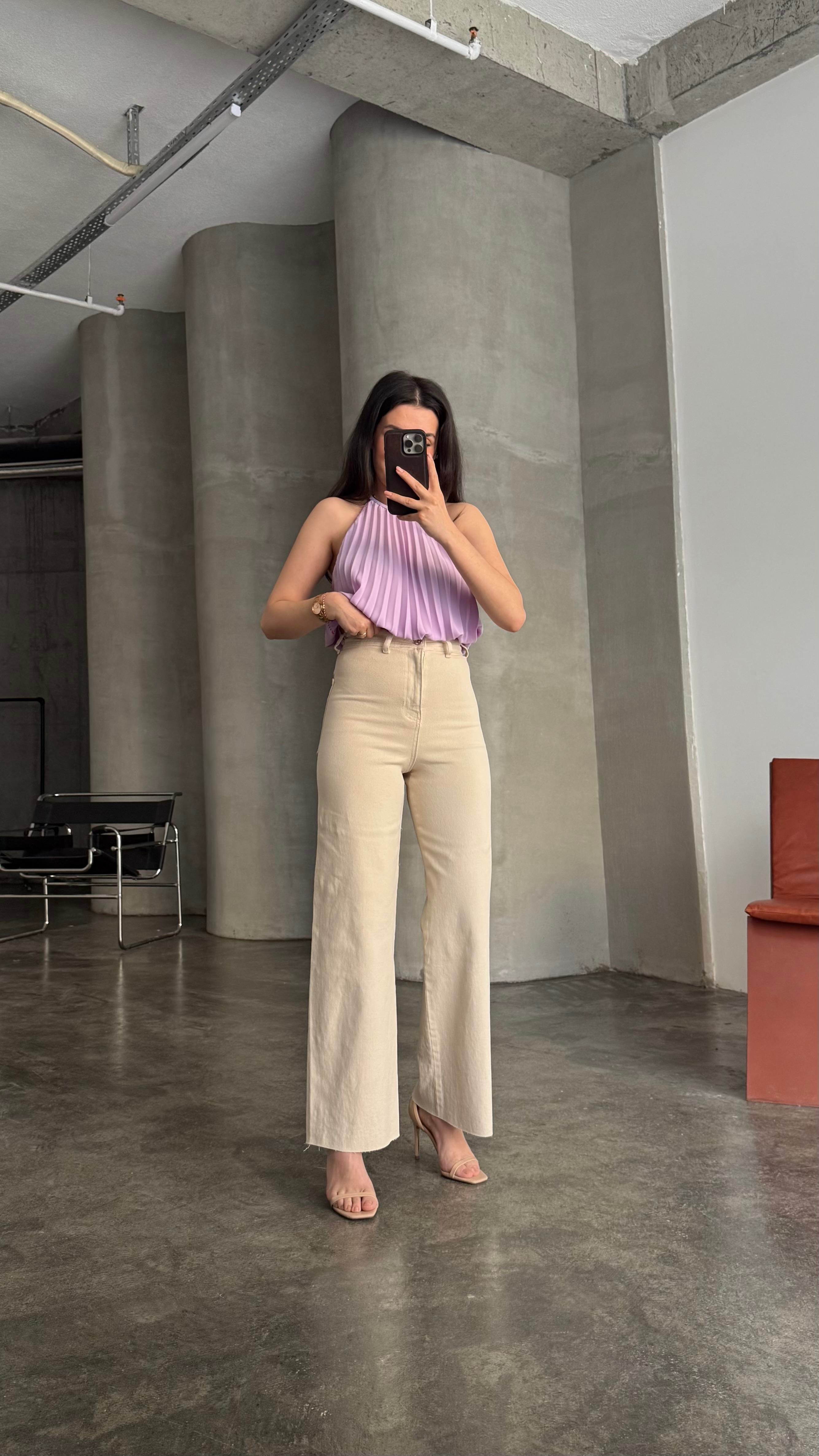 İpek Soft Krem Yüksek Bel Wide Leg Jean