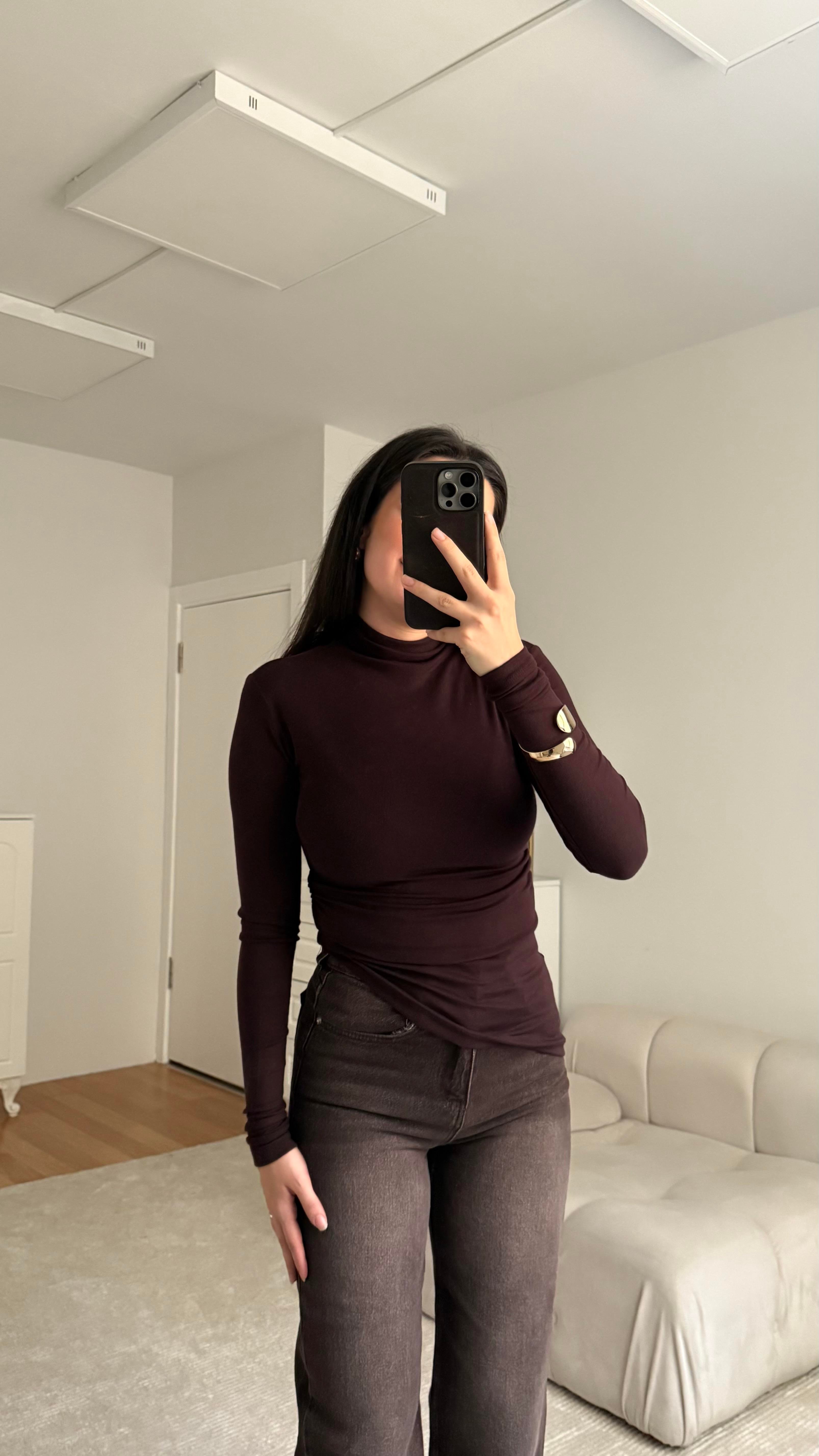 Kahve Dik Yaka Drapeli Bluz