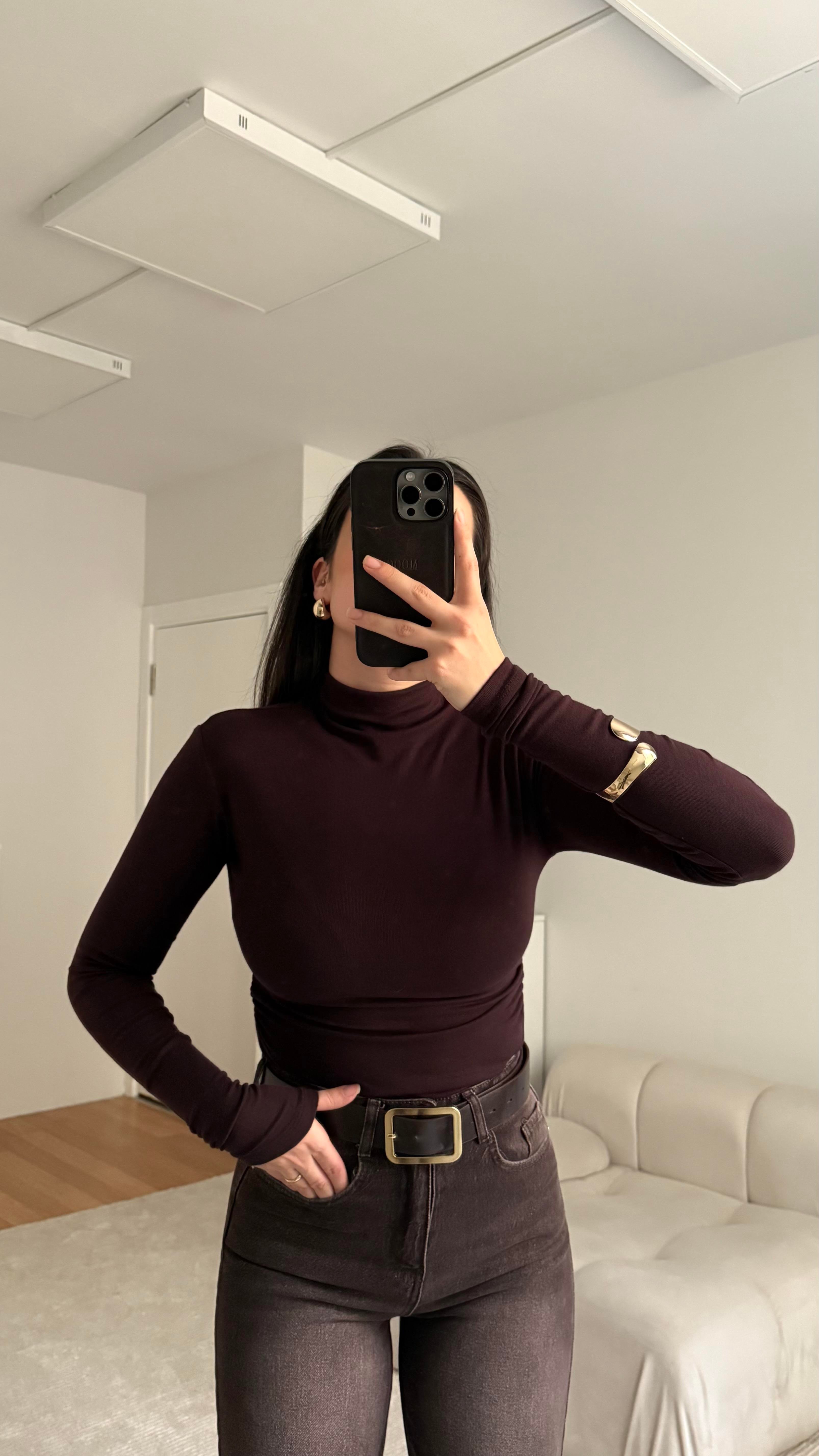 Kahve Dik Yaka Drapeli Bluz