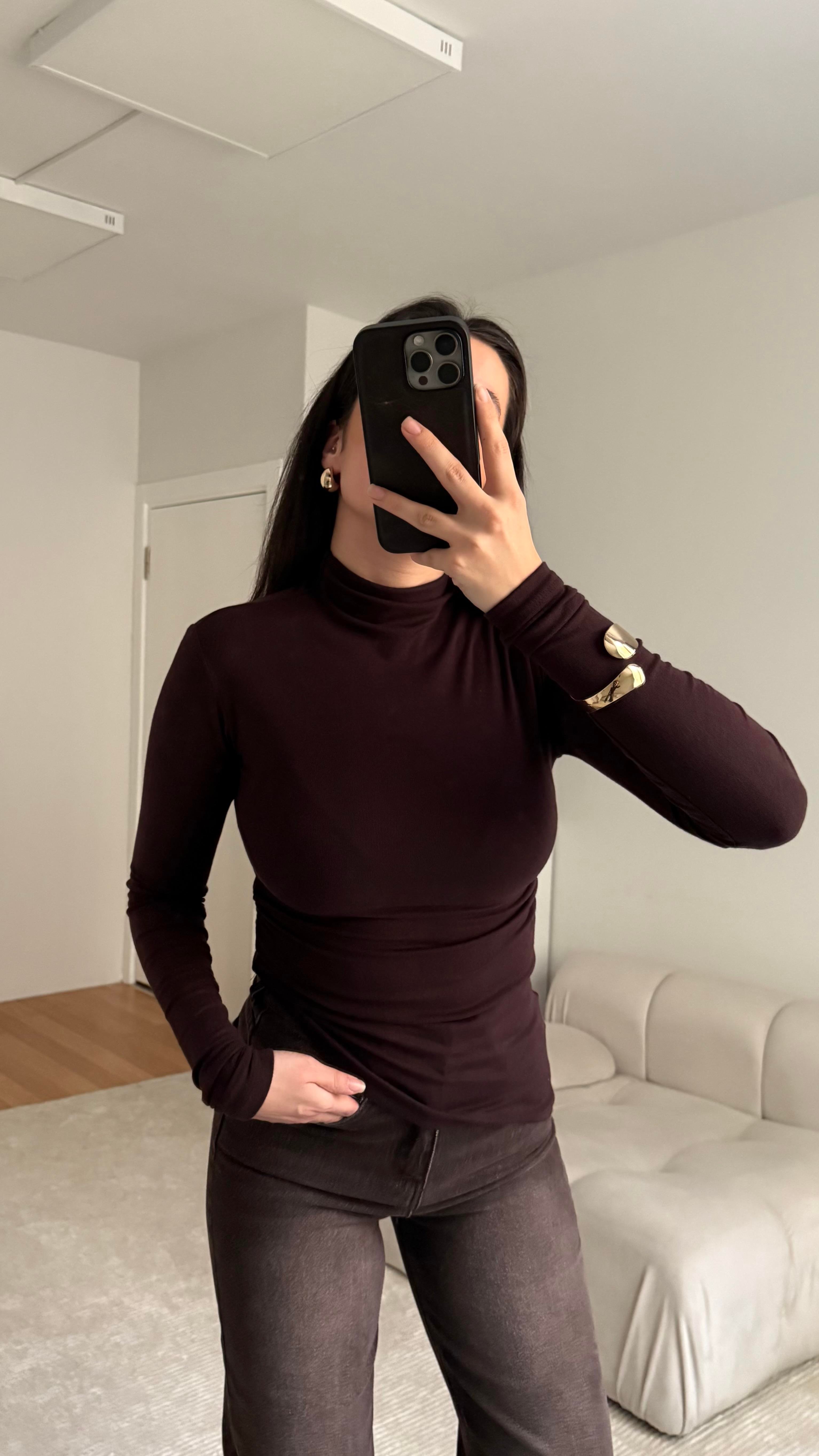 Kahve Dik Yaka Drapeli Bluz