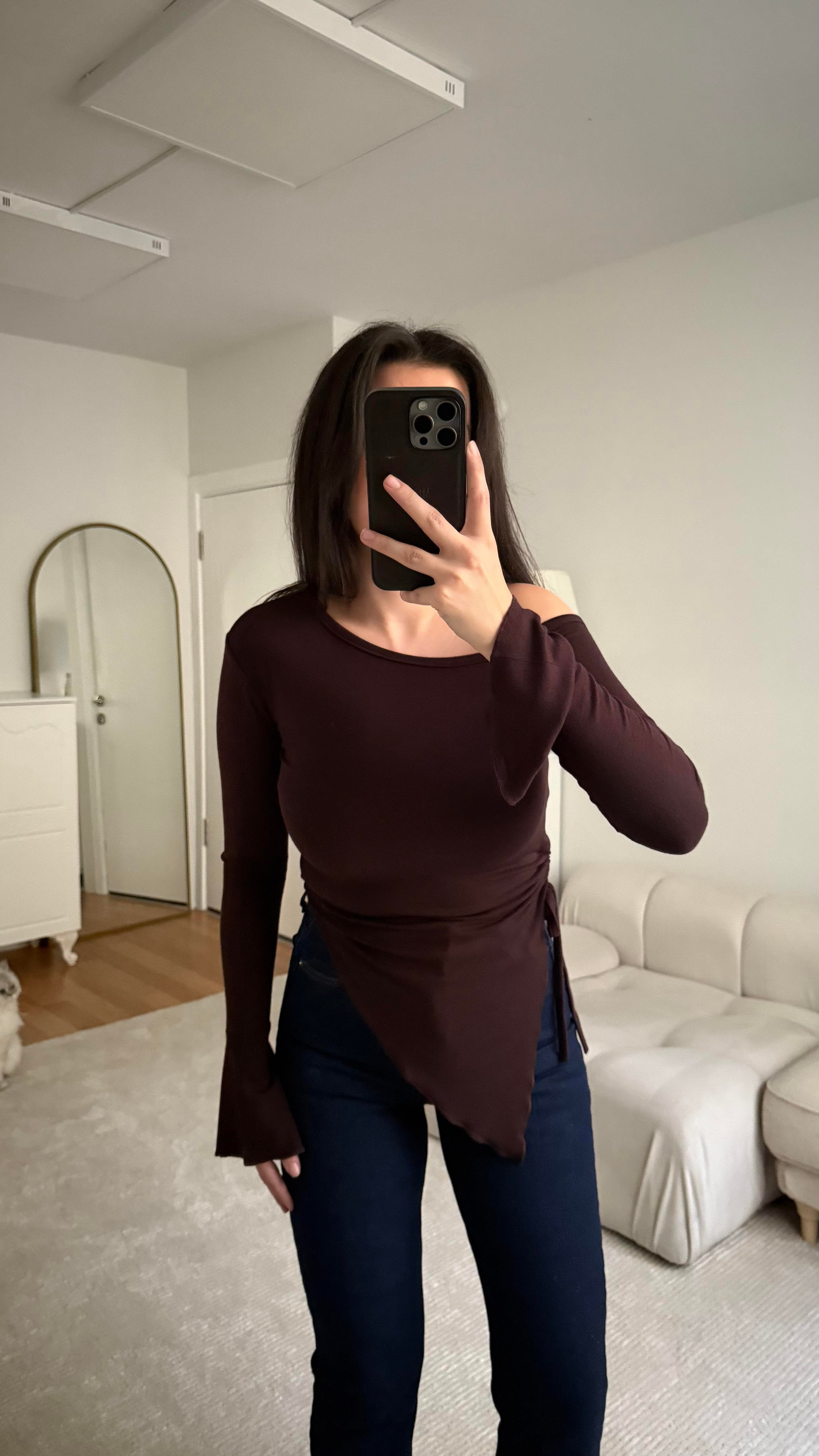 Kahve Drapeli Kayık Yaka Bluz