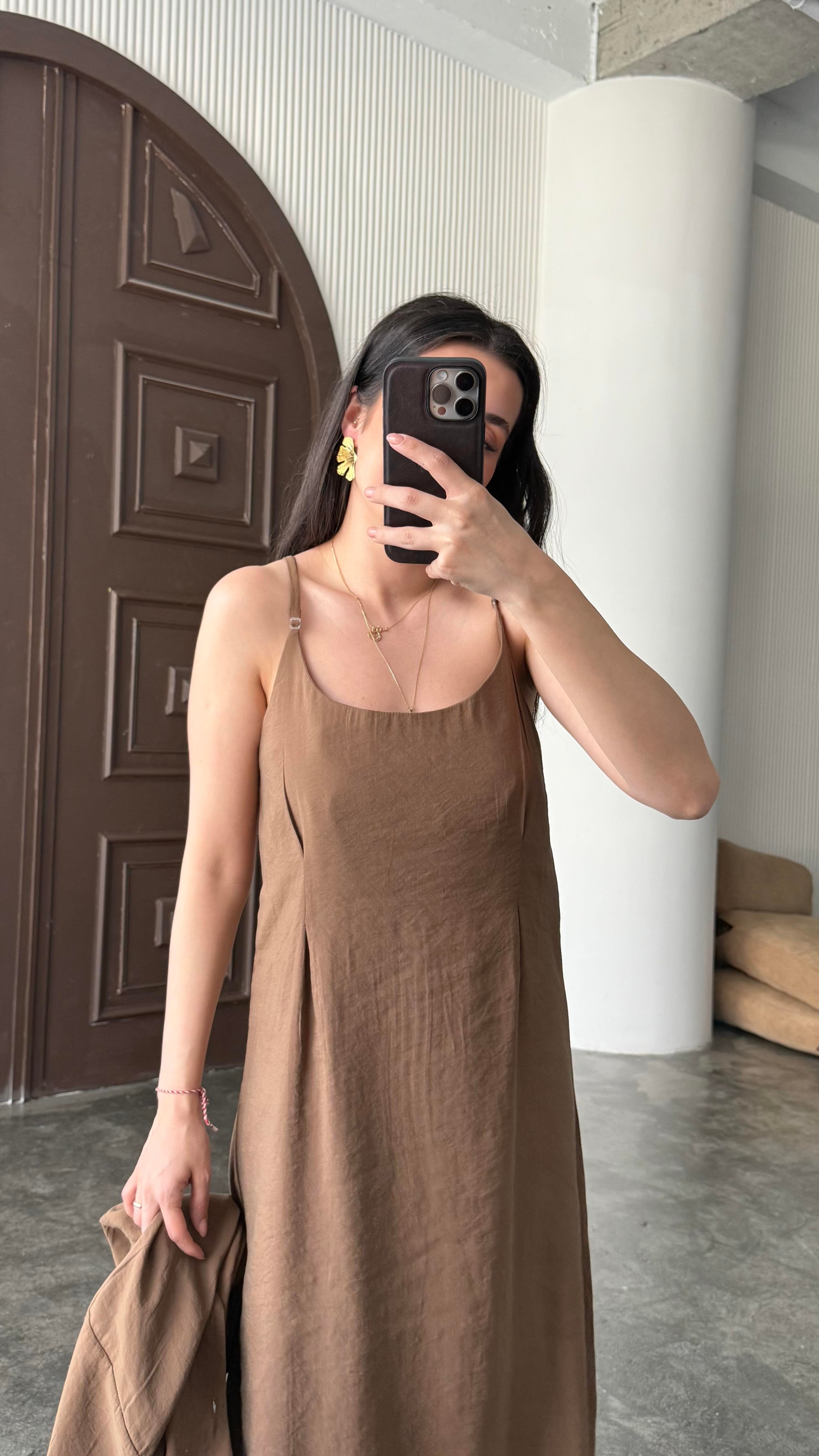 Kahve Gömlekli İp Askılı Elbise Tensel  Takım