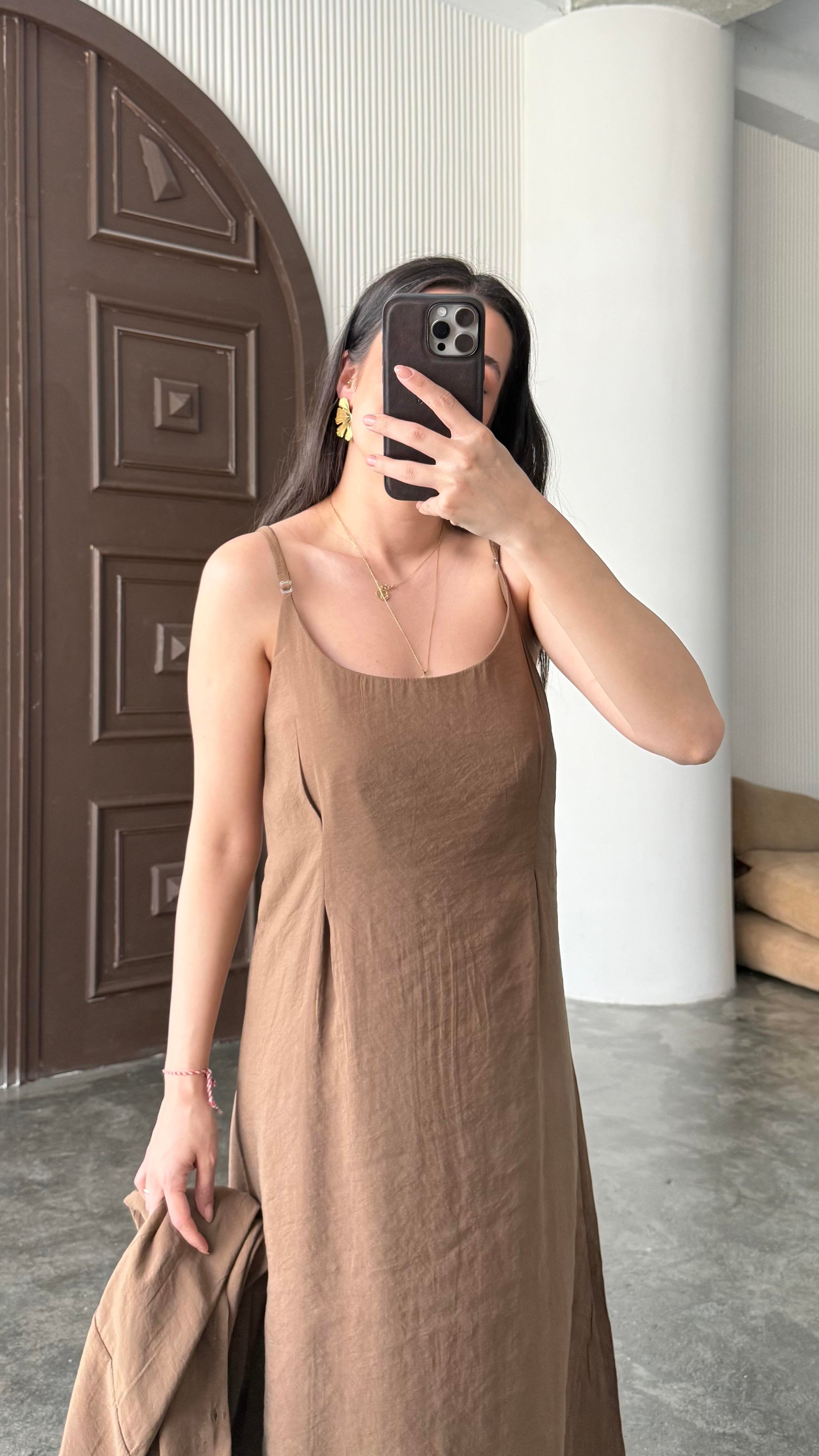 Kahve Gömlekli İp Askılı Elbise Tensel  Takım