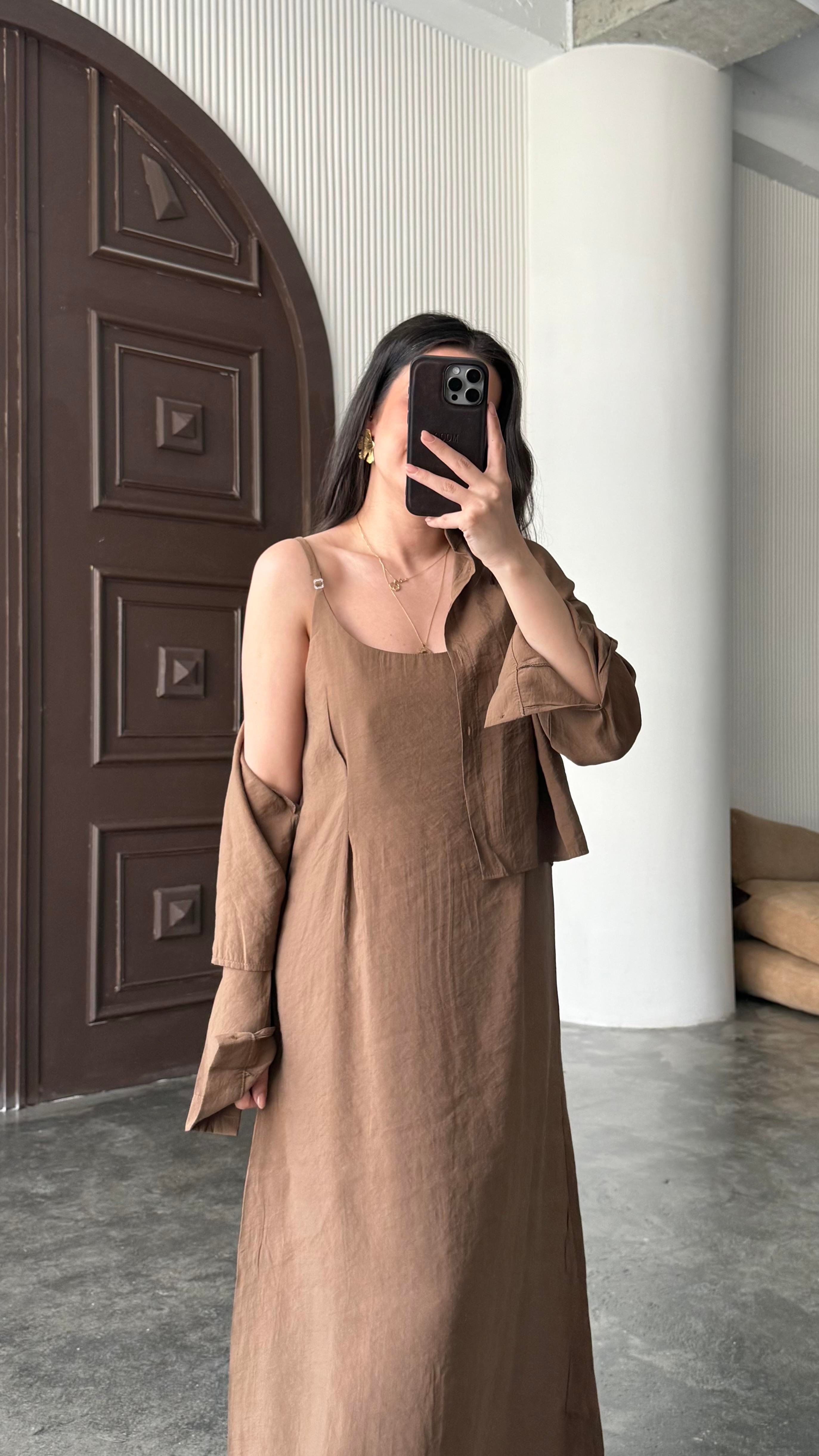 Kahve Gömlekli İp Askılı Elbise Tensel  Takım