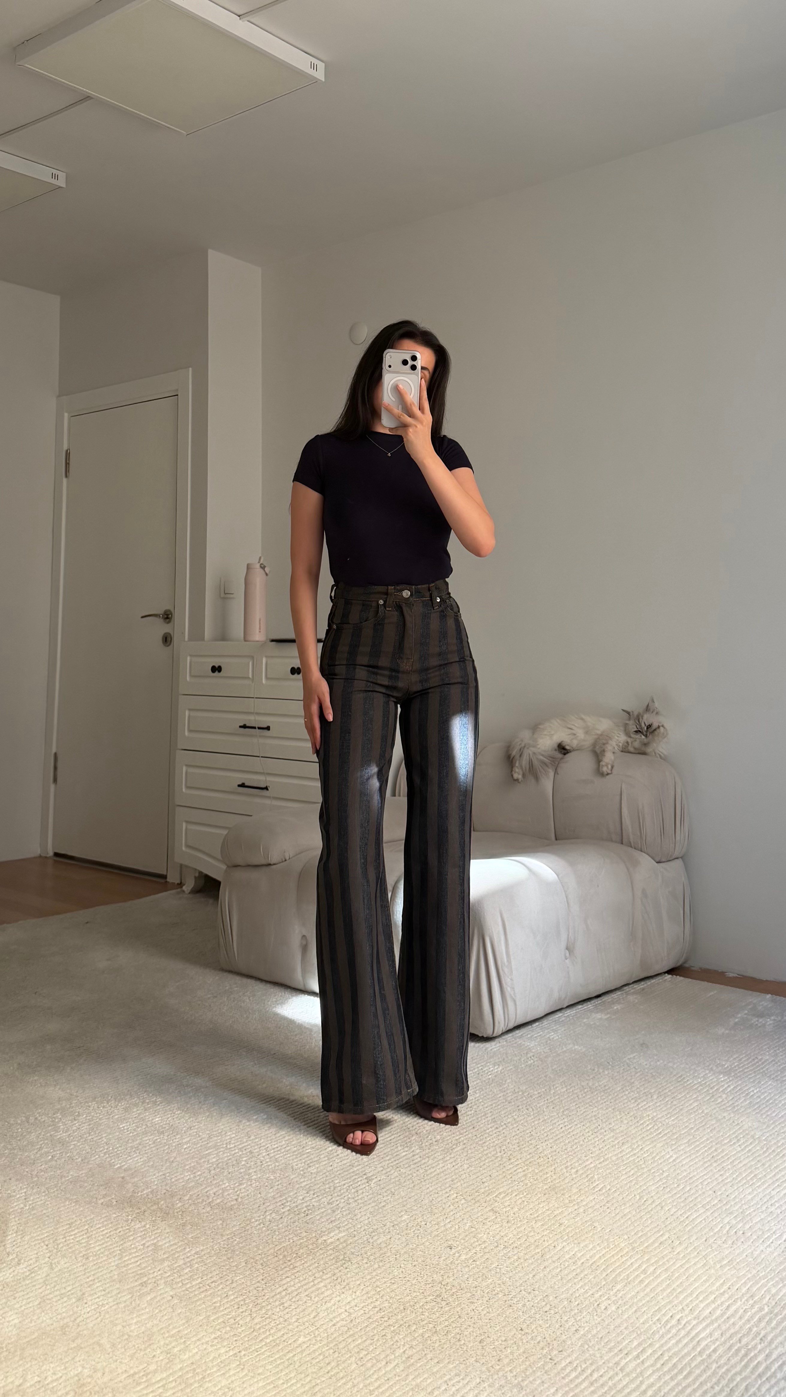 Kahve Lacivert Elegant Kemerli Denim Ceket Takım