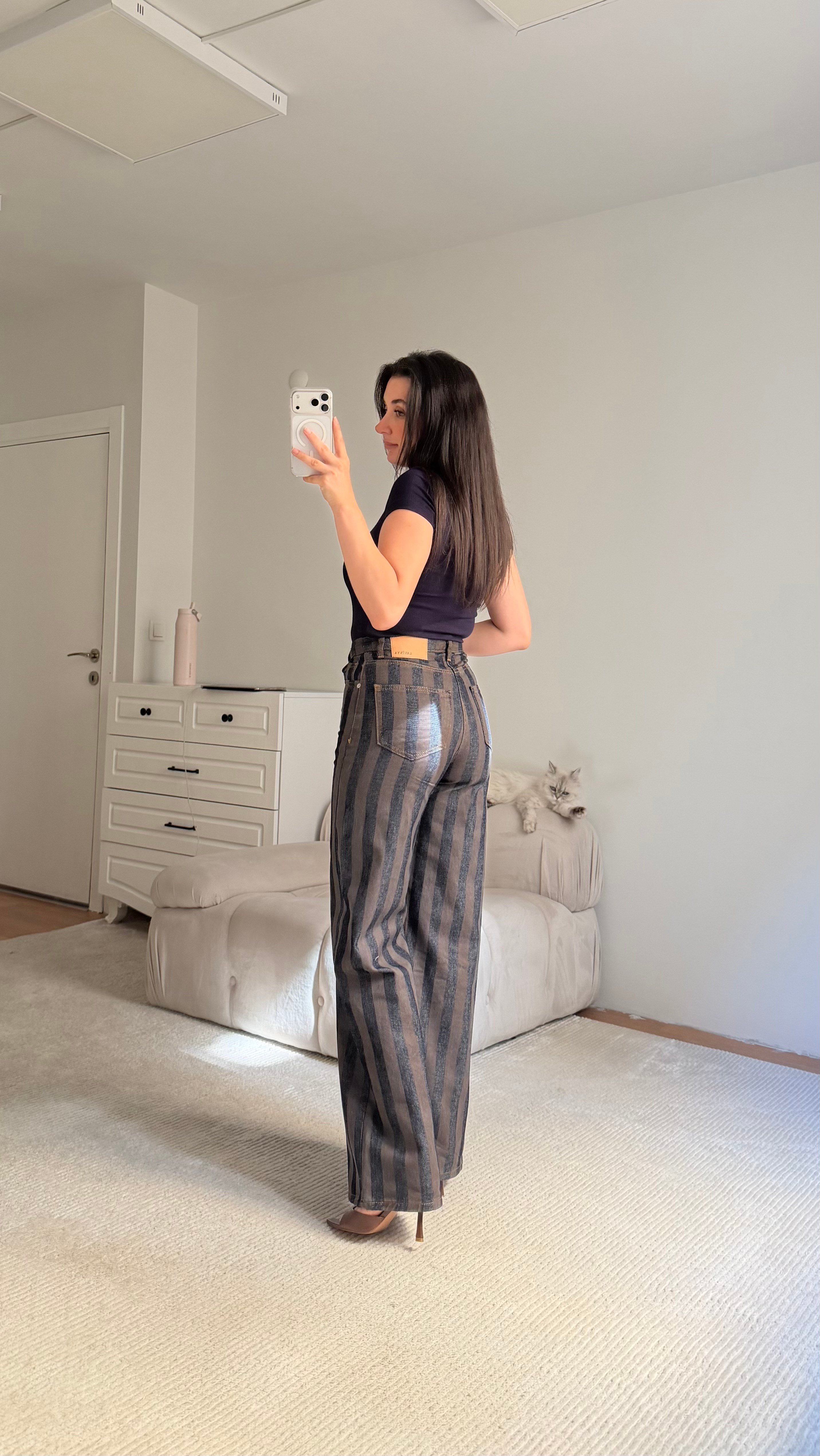 Kahve Lacivert Elegant Kemerli Denim Ceket Takım