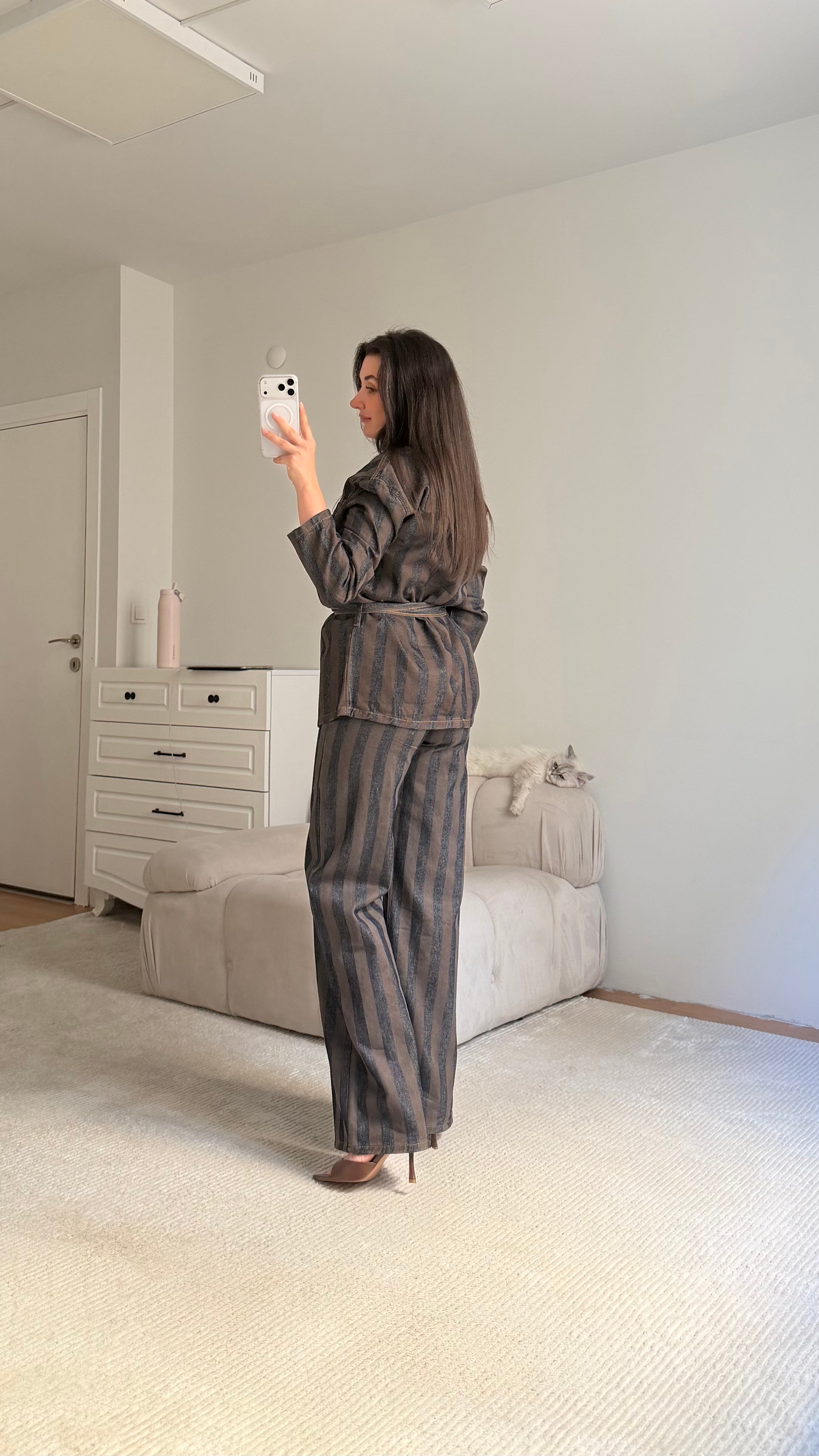 Kahve Lacivert Elegant Kemerli Denim Ceket Takım