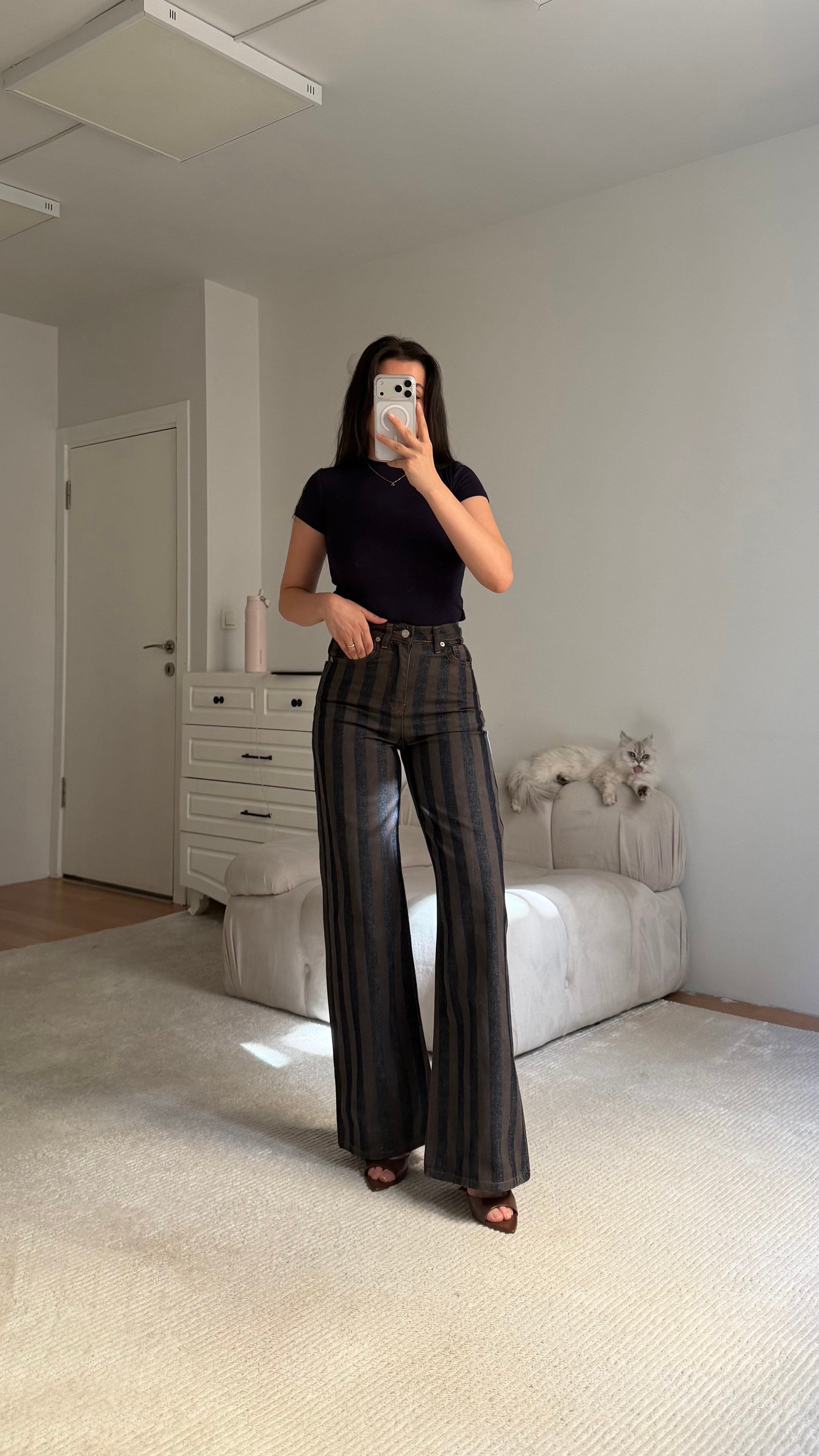 Kahve Lacivert Elegant Kemerli Denim Ceket Takım