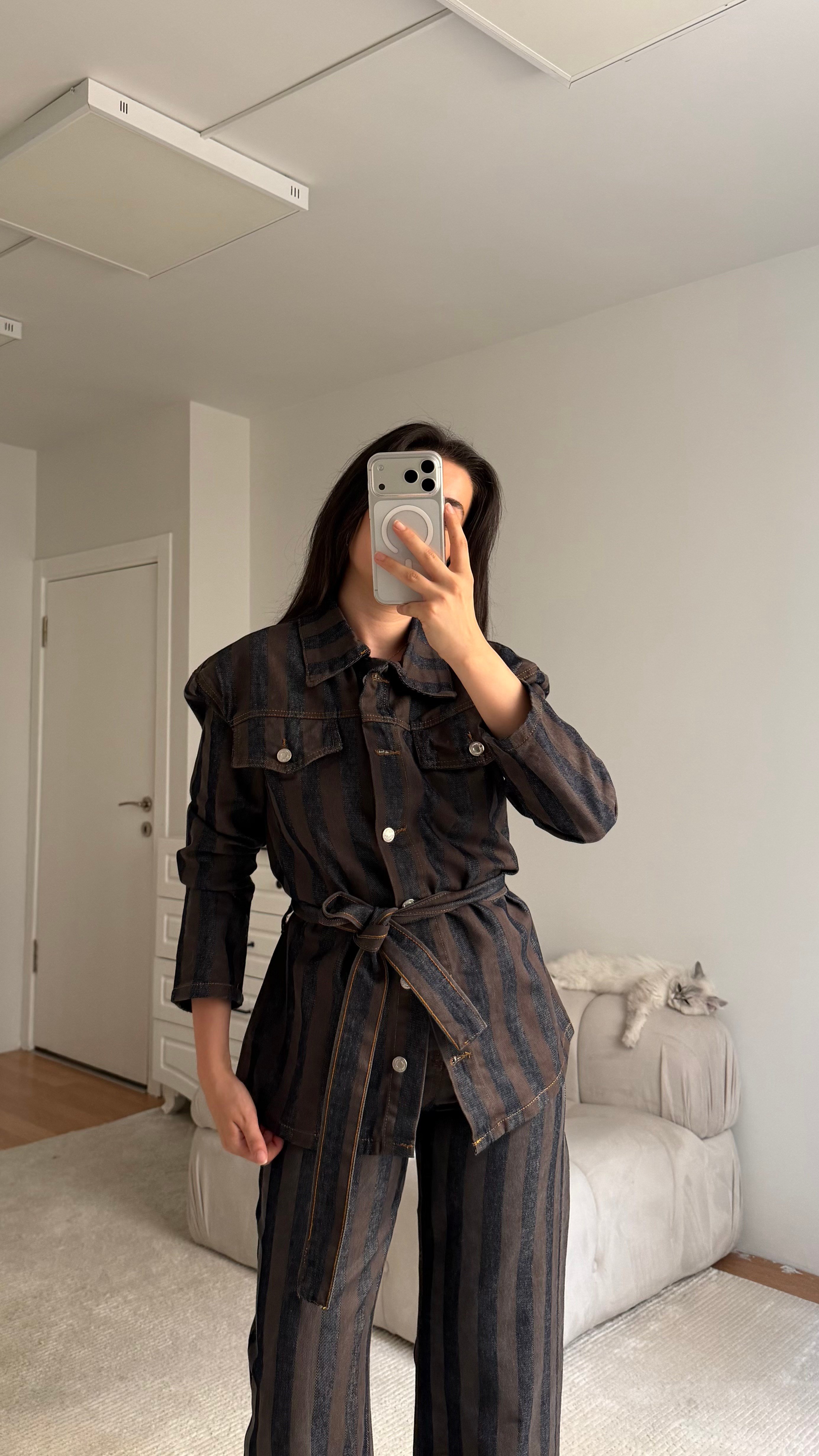 Kahve Lacivert Elegant Kemerli Denim Ceket Takım