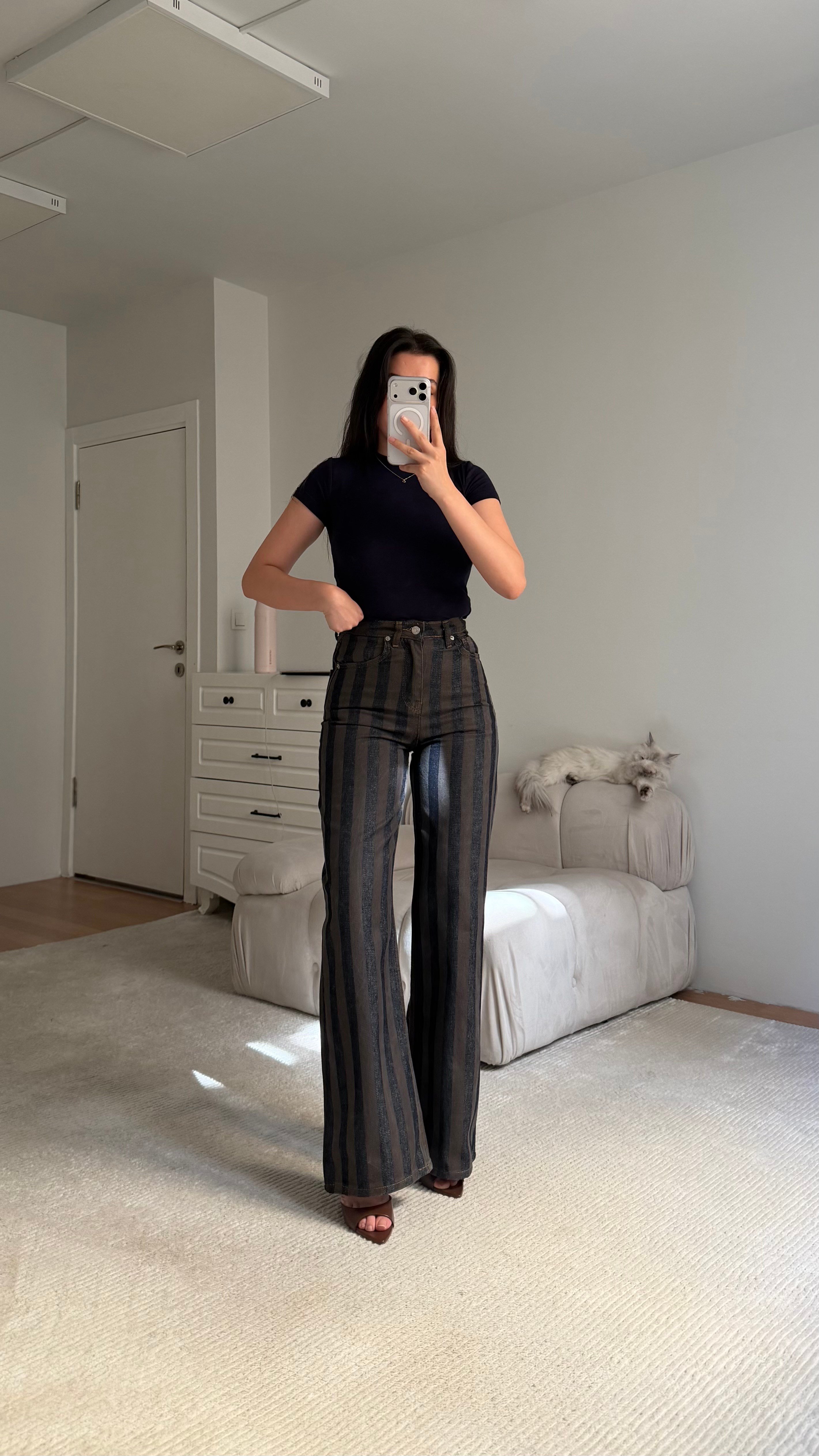 Kahve Lacivert Elegant Kemerli Denim Ceket Takım