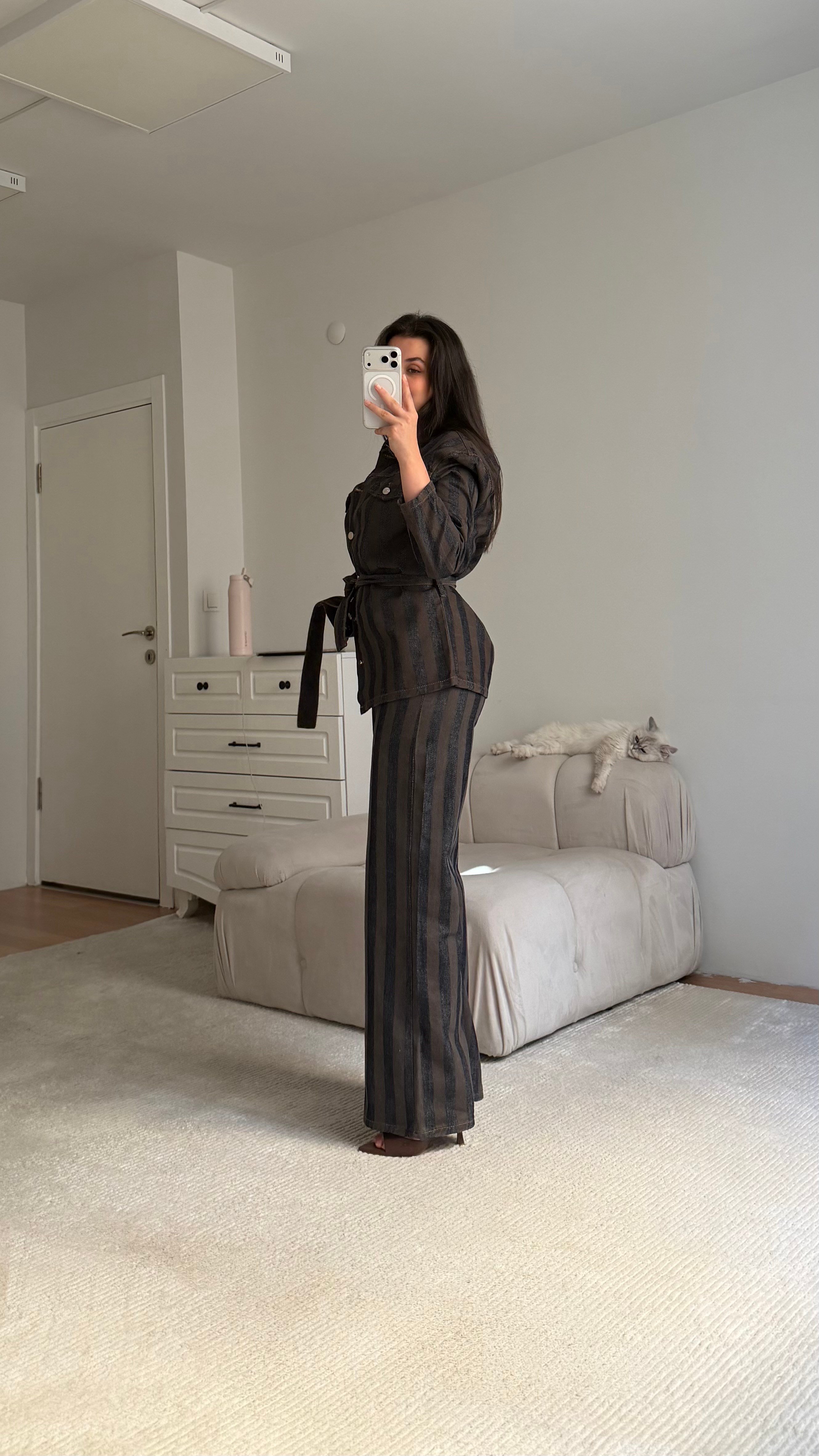 Kahve Lacivert Elegant Kemerli Denim Ceket Takım