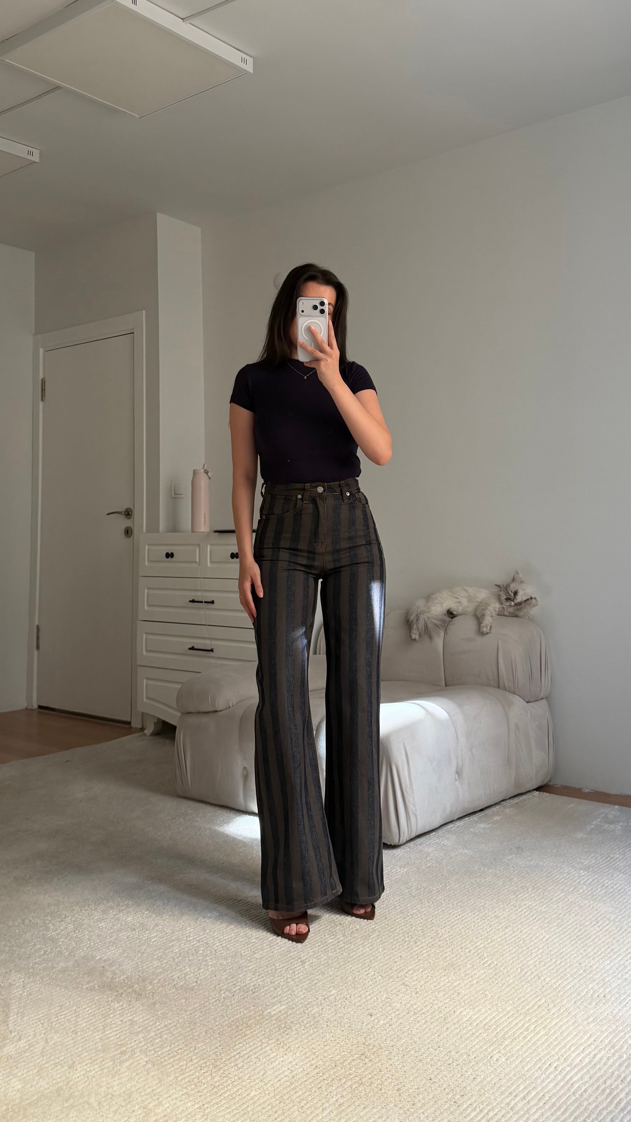 Kahve Lacivert Elegant Kemerli Denim Ceket Takım