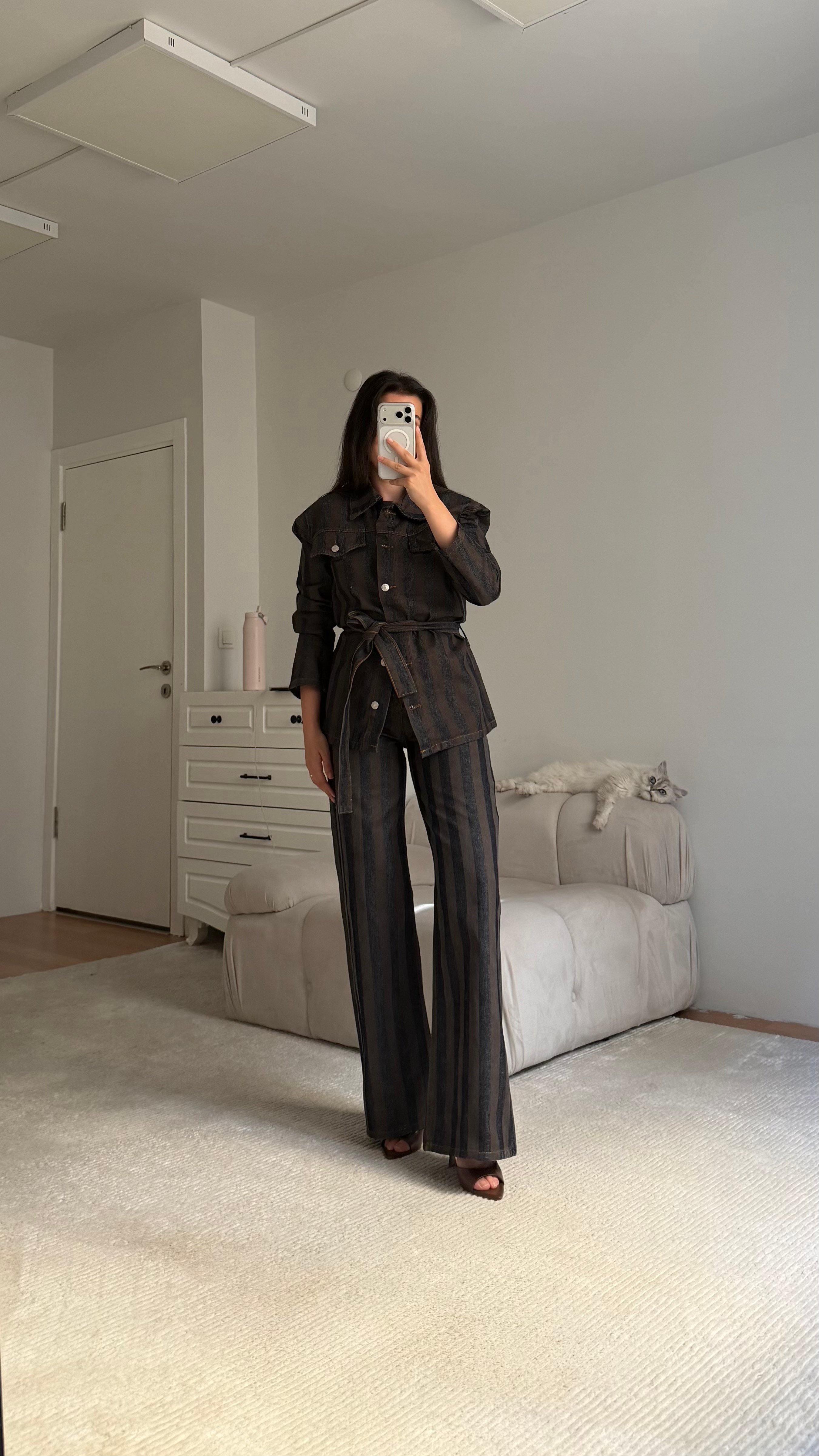 Kahve Lacivert Elegant Kemerli Denim Ceket Takım