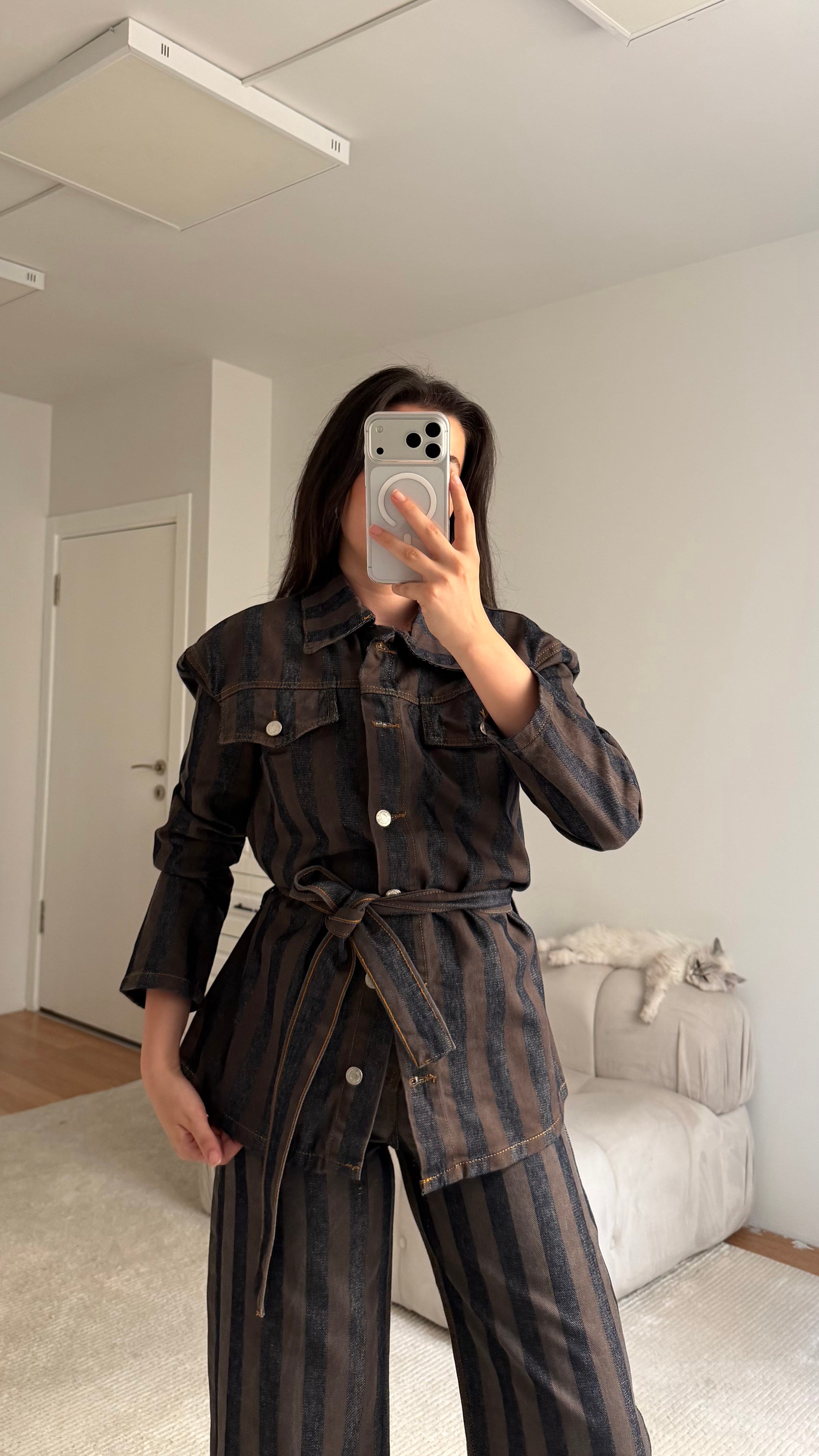 Kahve Lacivert Elegant Kemerli Denim Ceket Takım
