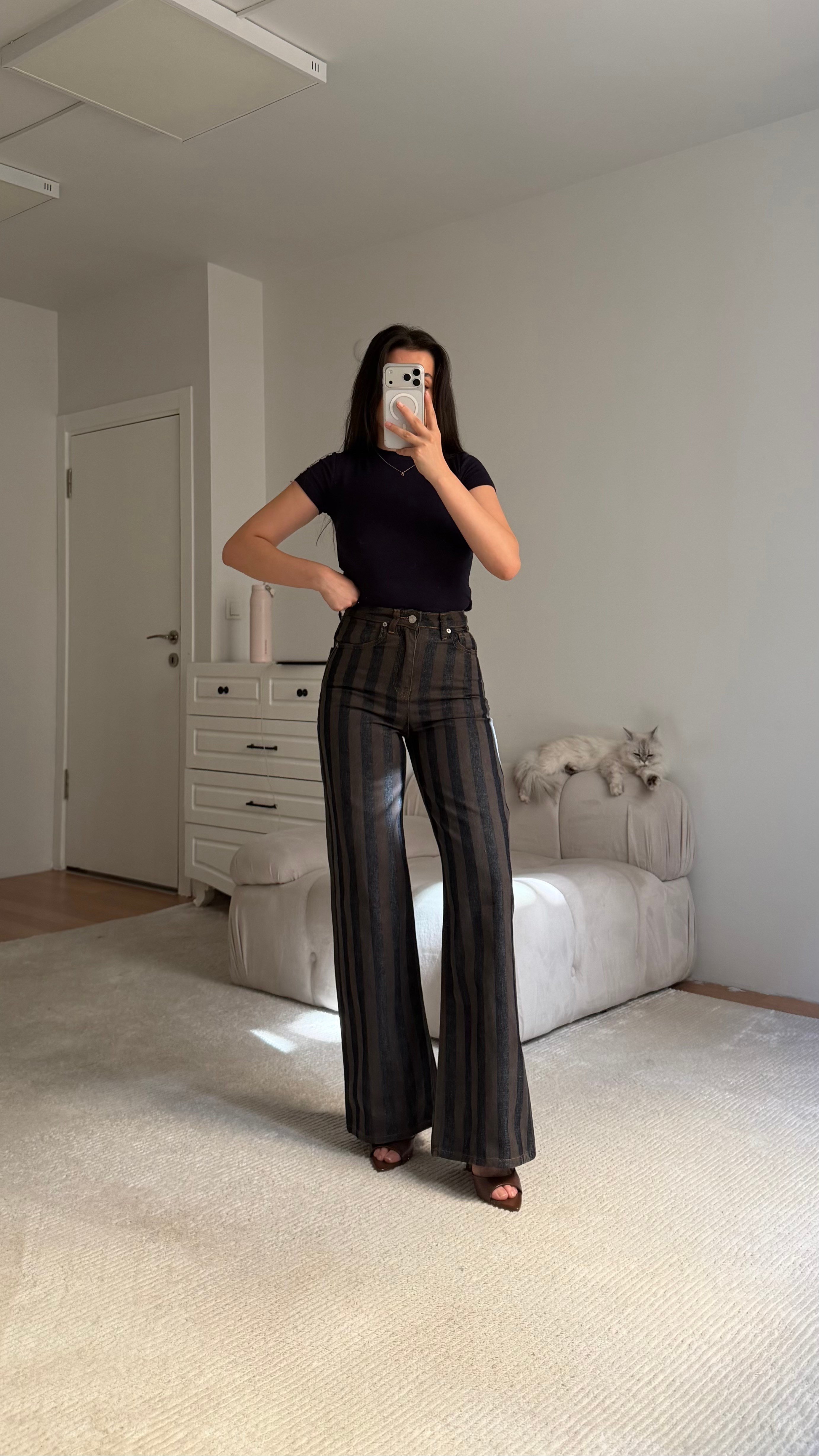 Kahve Lacivert Elegant Kemerli Denim Ceket Takım