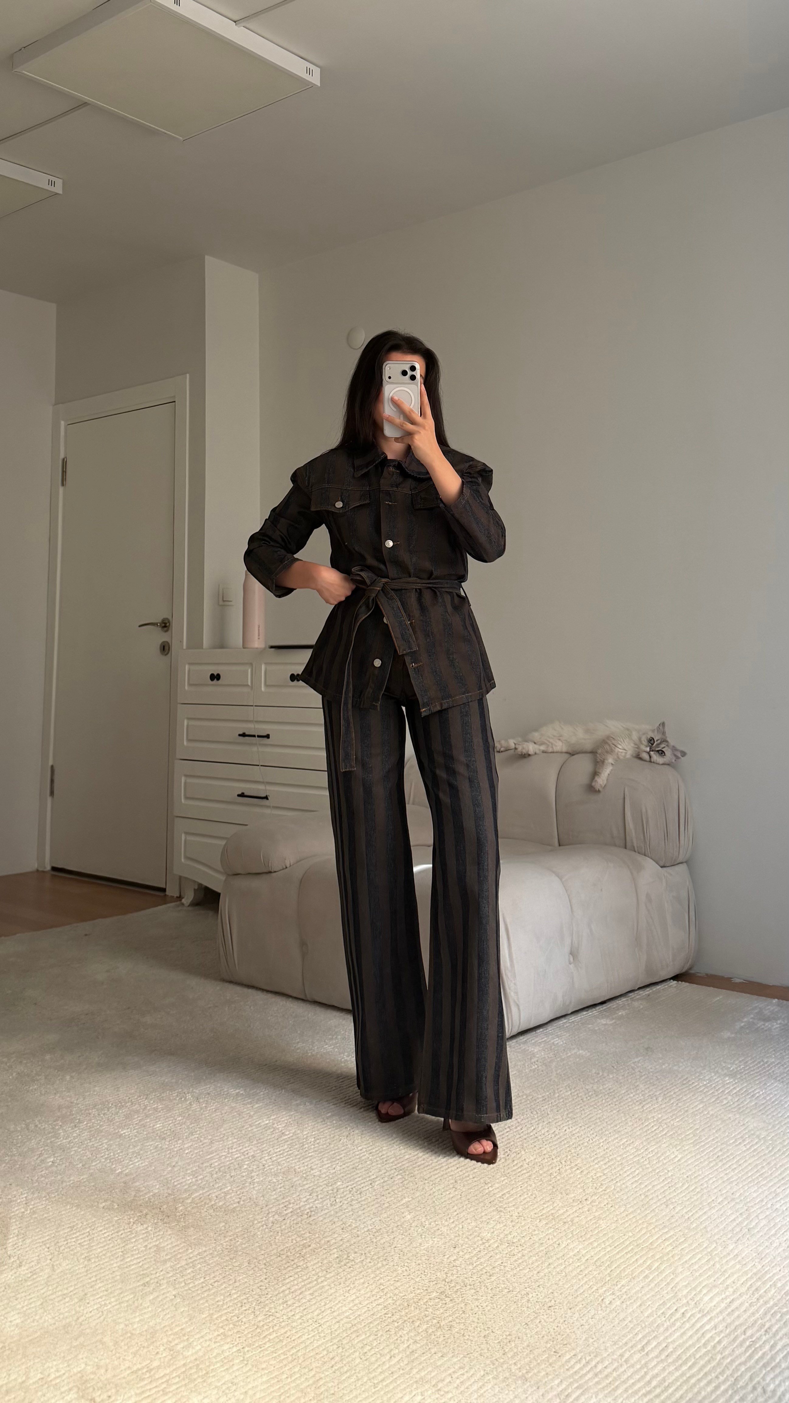 Kahve Lacivert Elegant Kemerli Denim Ceket Takım