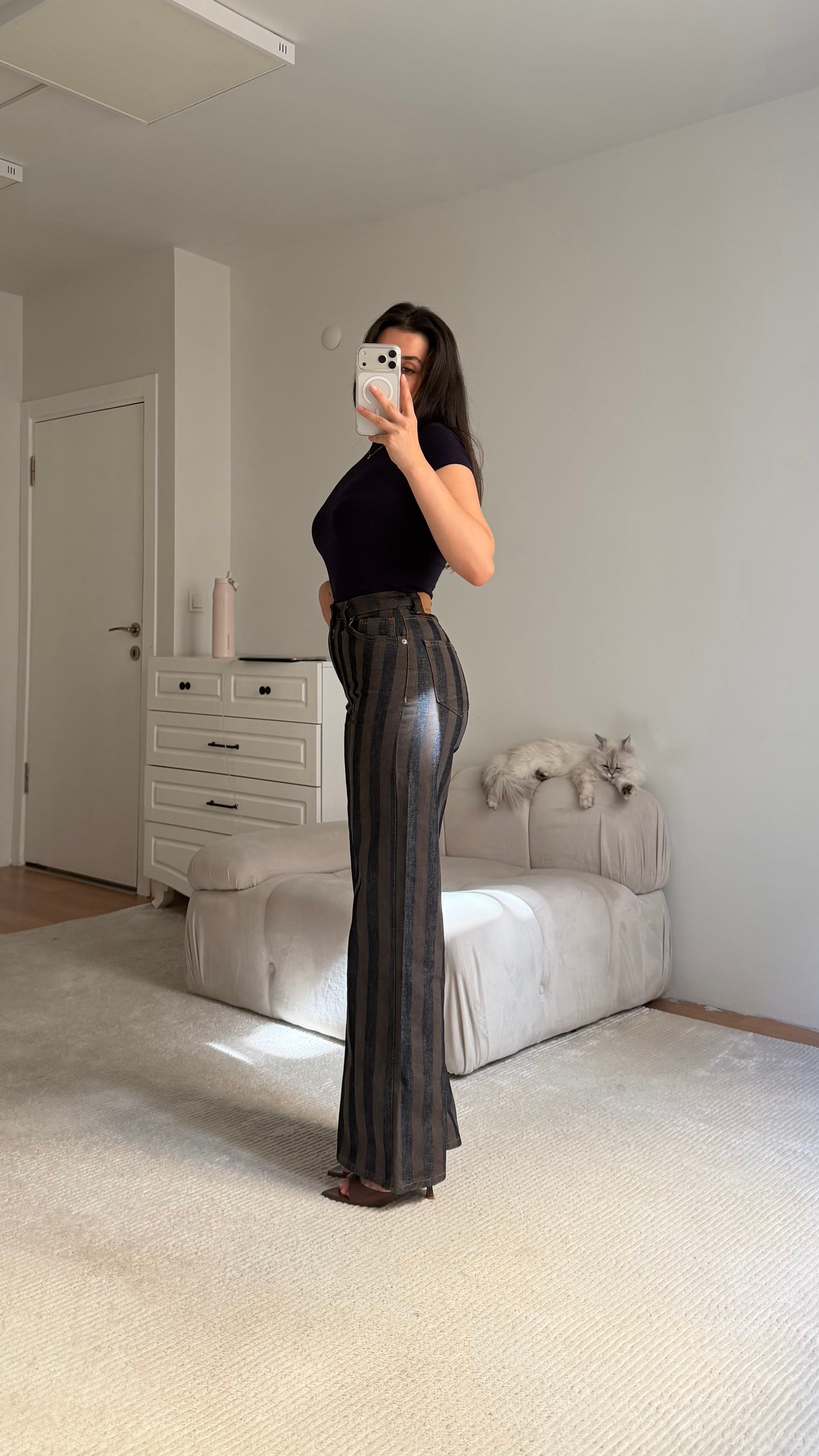 Kahve Lacivert Elegant Kemerli Denim Ceket Takım