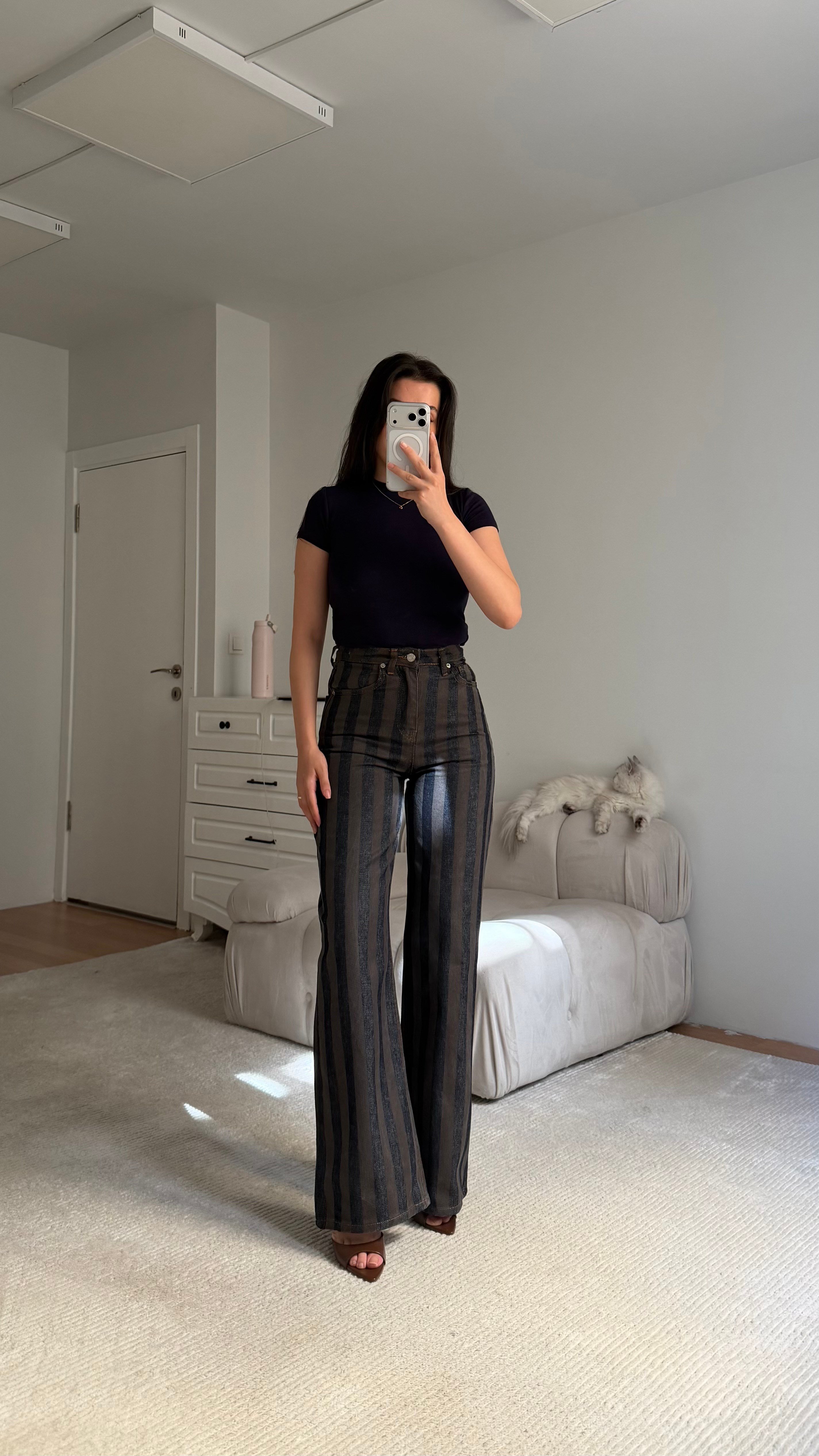 Kahve Lacivert Elegant Kemerli Denim Ceket Takım