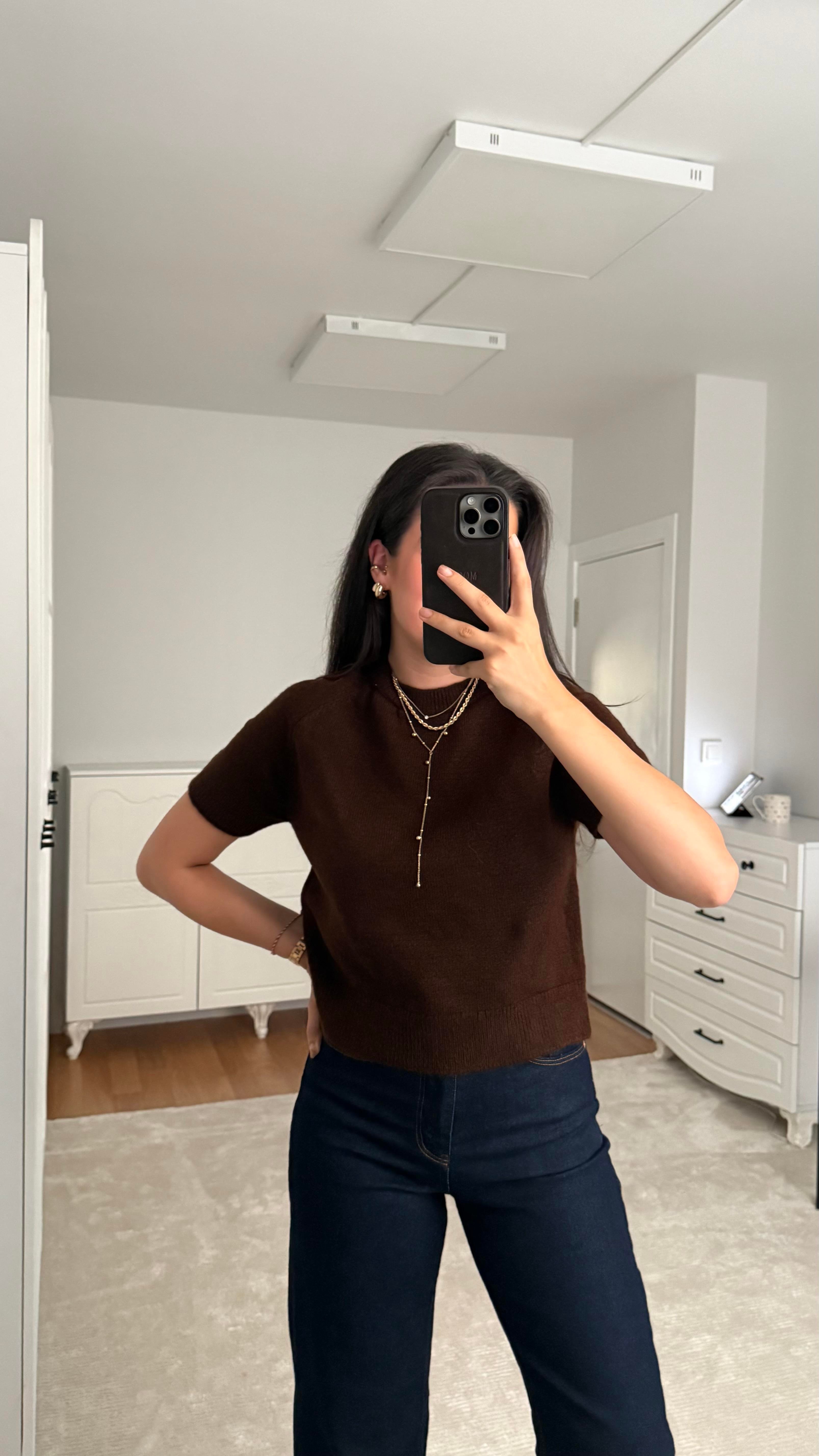 Kısa Kol Acı Kahve Örme Triko