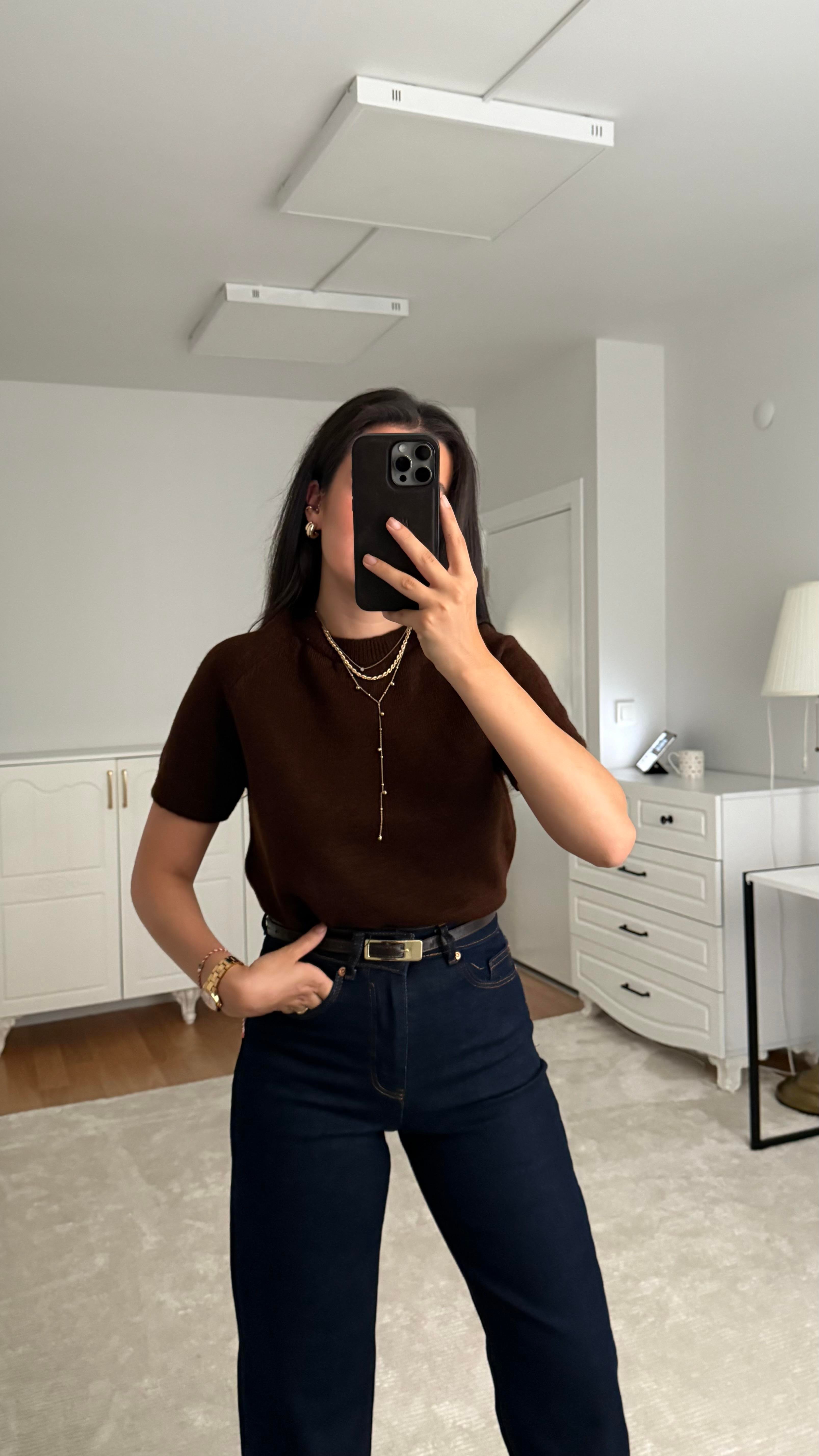 Kısa Kol Acı Kahve Örme Triko