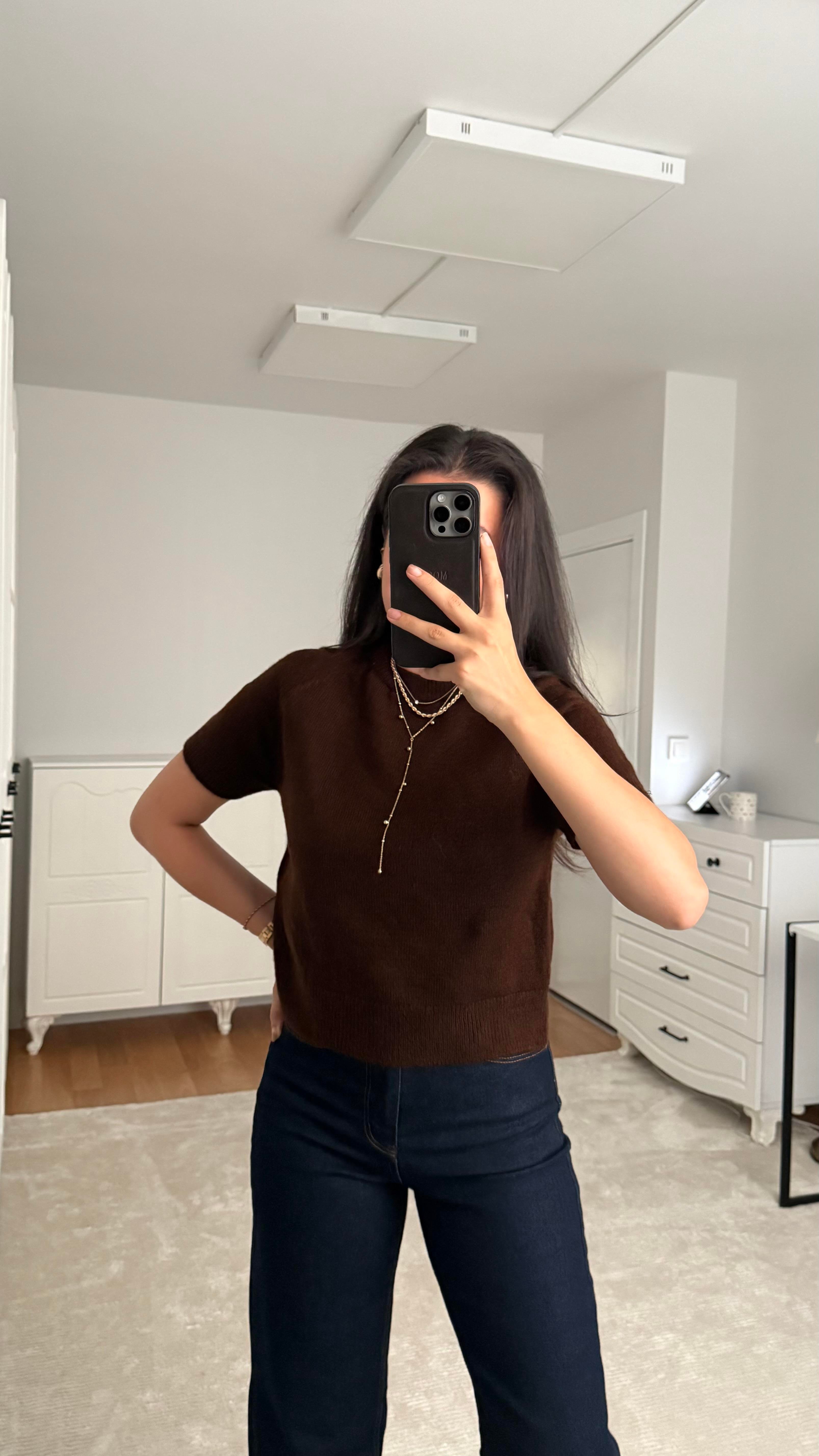 Kısa Kol Acı Kahve Örme Triko